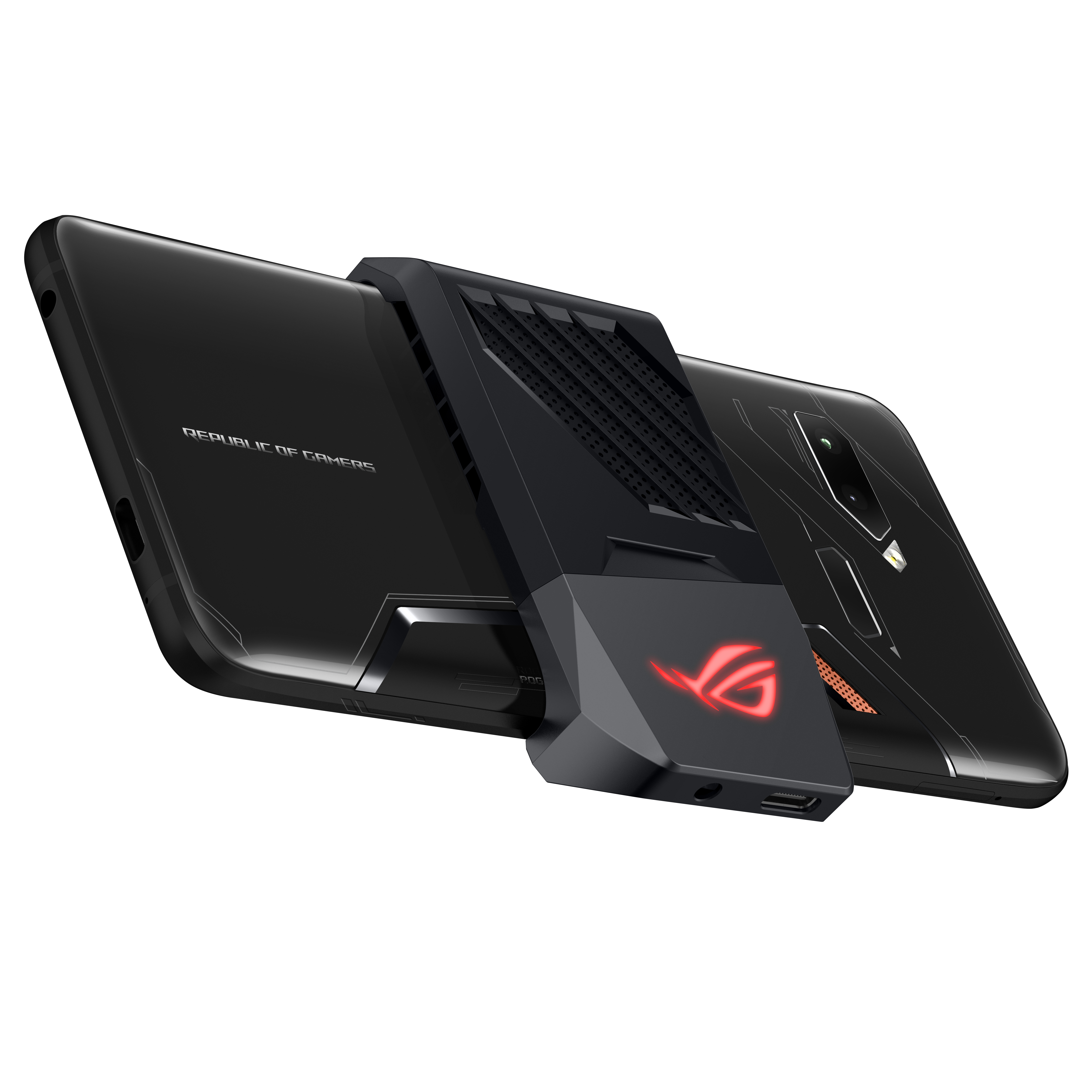 Czarny smartfon z wentylatorem chłodzącym przymocowanym do tyłu. Posiada logo ROG.