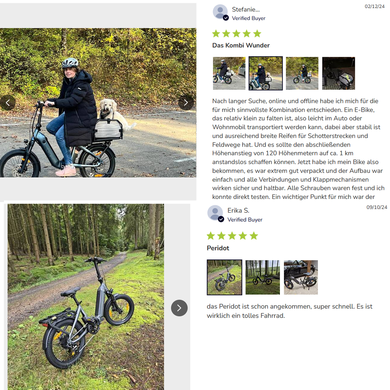 Bilder eines Elektrofahrrads in einer Waldumgebung. Eine Frau mit Hund und eine Kundenbewertung.