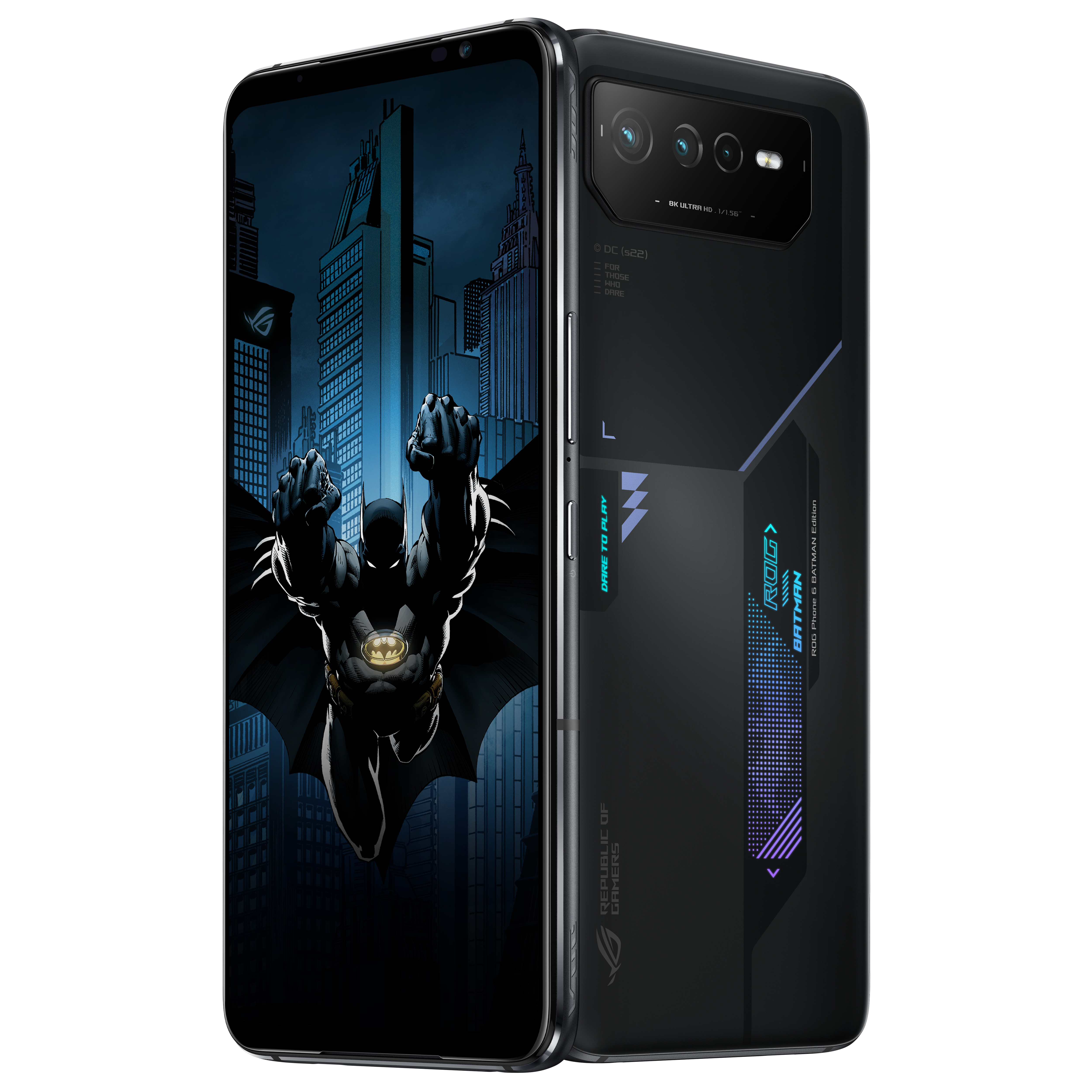 Czarny smartfon z Batmanem na ekranie i edycją ROG Batman z tyłu. Białe tło.