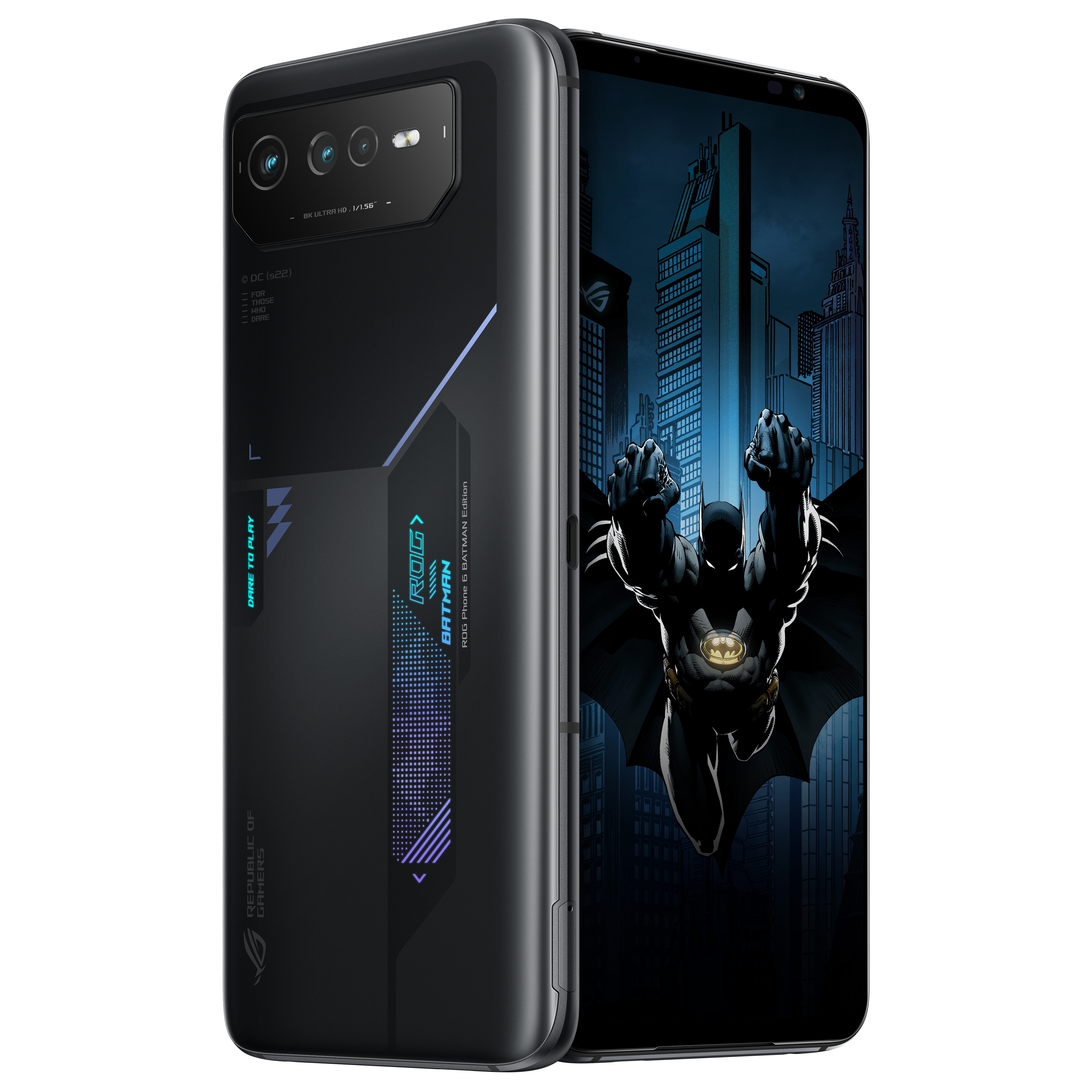 Czarny telefon ROG, edycja Batman. Telefon wyświetla Batmana na ekranie. Tył ma ciemny, szczegółowy design.