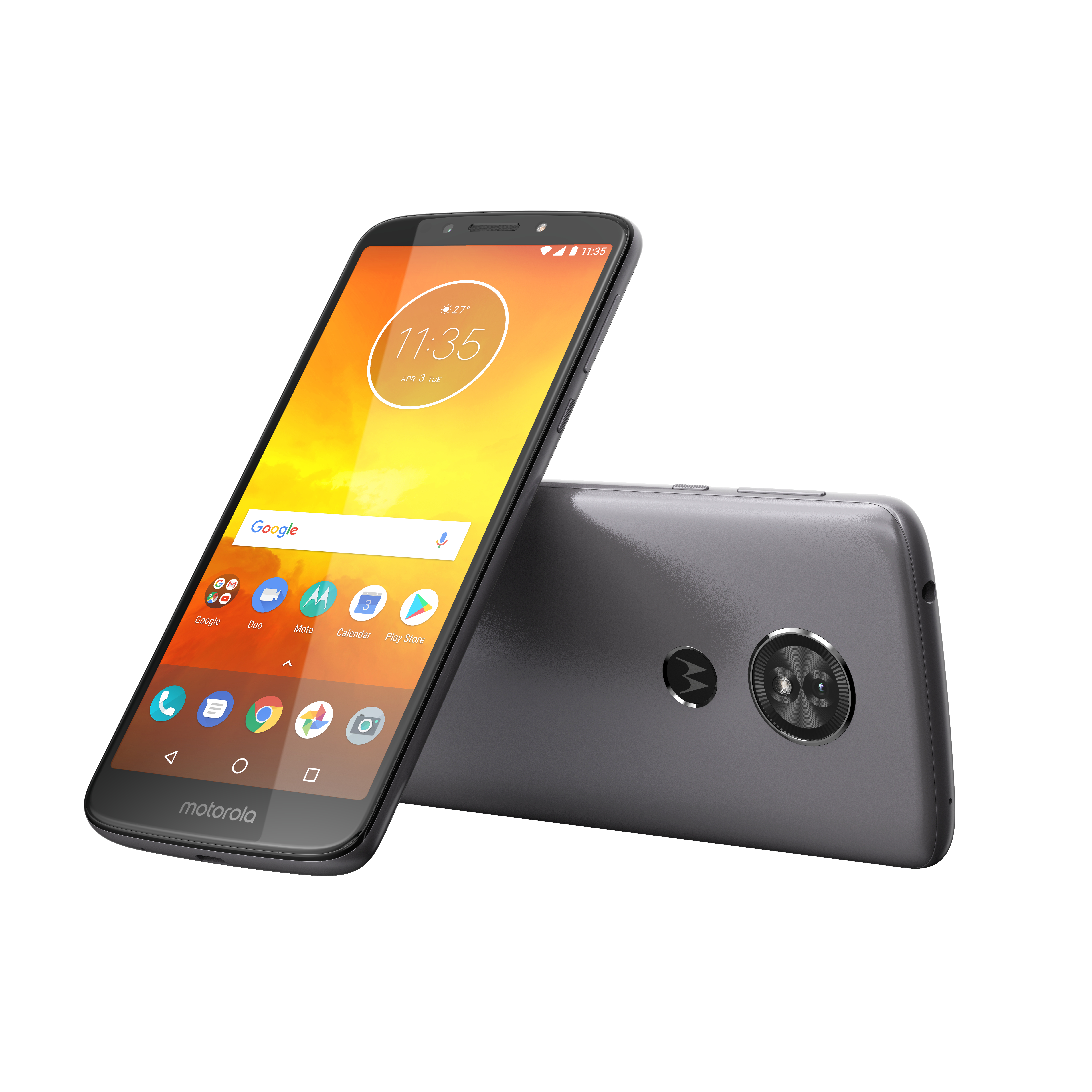 Motorola-Telefon, Bildschirm an, Apps und Uhrzeit werden angezeigt. Ein anderes Telefon auf der Rückseite.