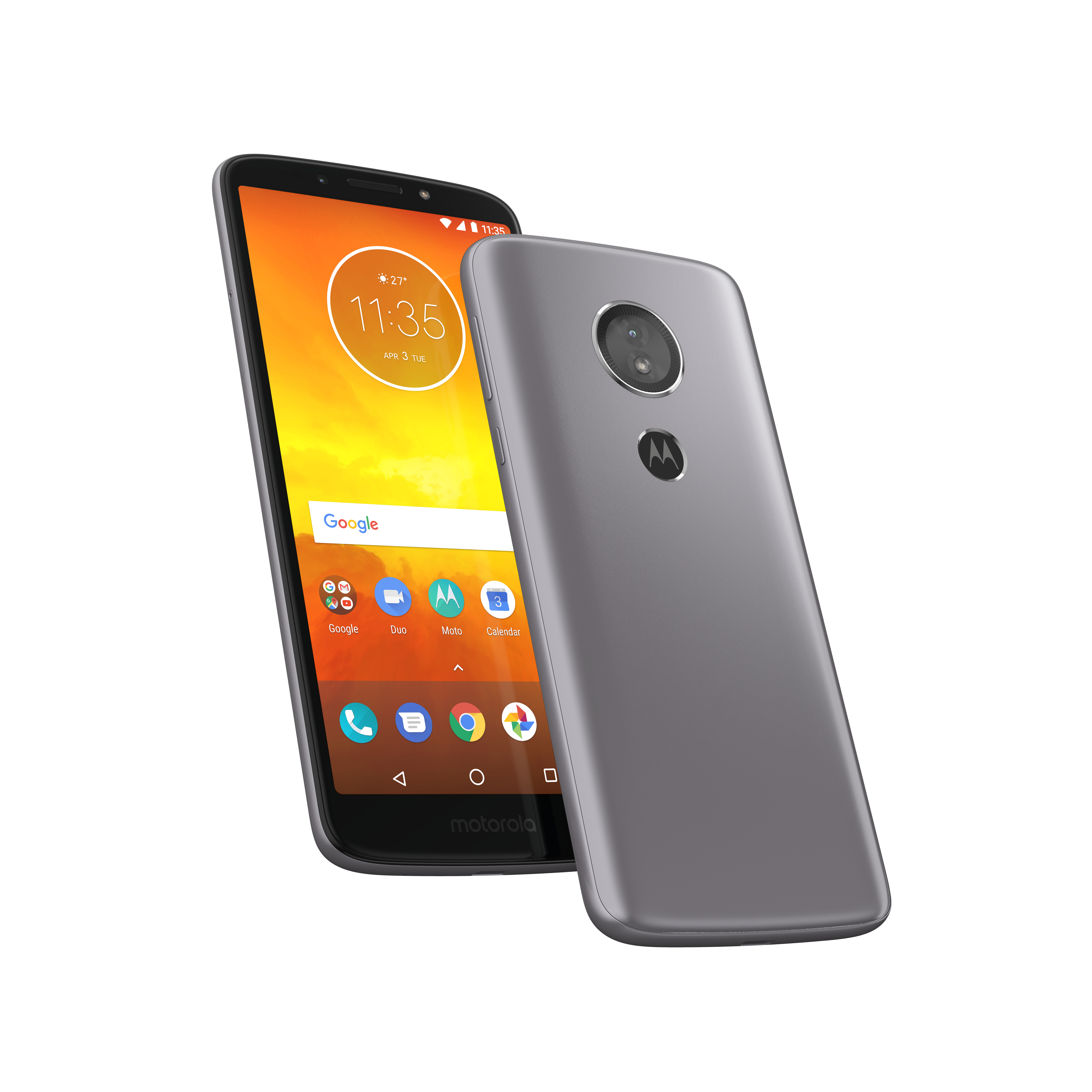 Graues Smartphone auf weißem Hintergrund, mit Google-Apps auf dem Bildschirm. Ein weiteres Telefon dahinter.