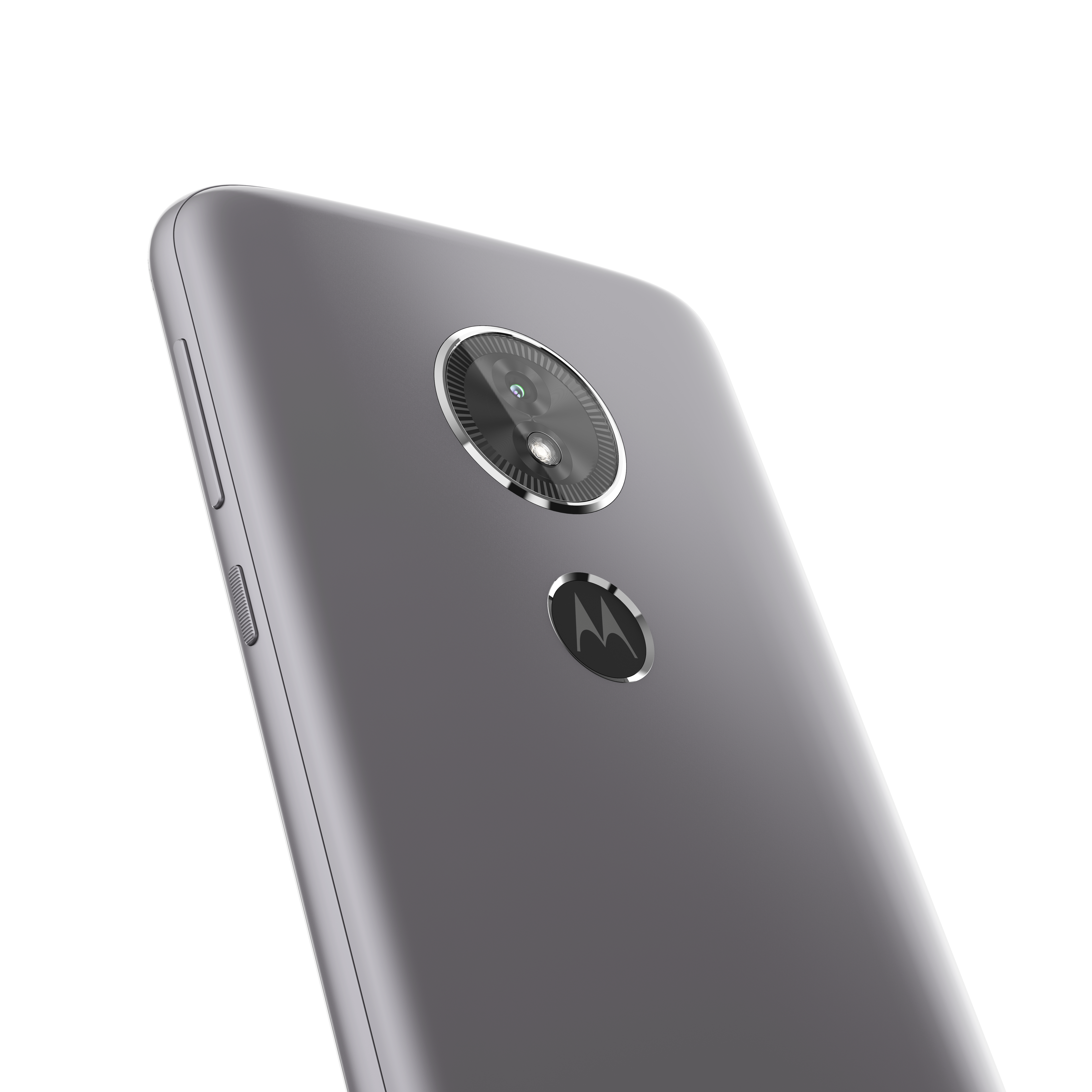 Graue Smartphone-Rückseite, kreisförmige Kamera mit Doppellinse und das Motorola-Logo auf weißem Hintergrund.