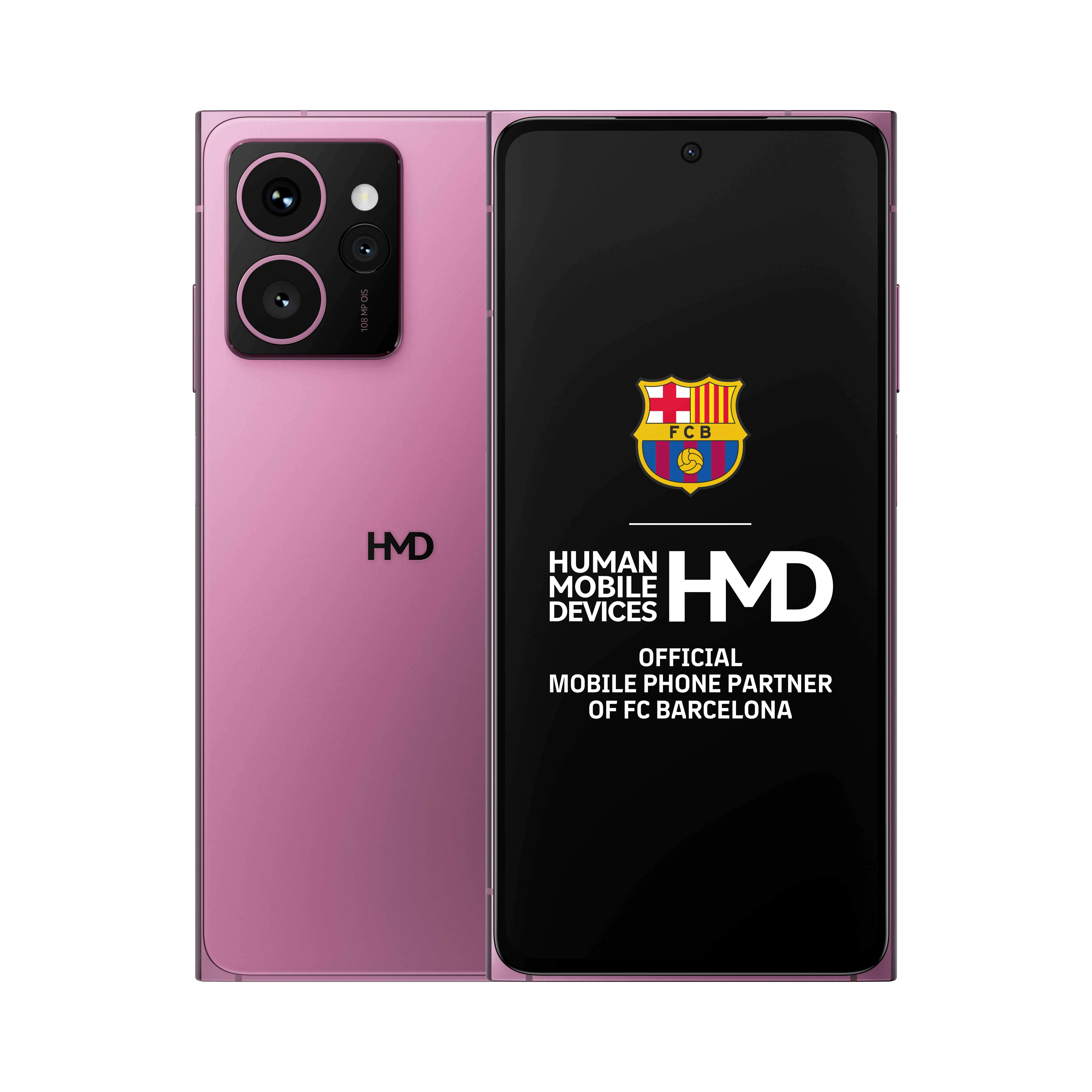 Różowy smartfon. Tył ma potrójny aparat i logo HMD. Ekran wyświetla logo FC Barcelona.