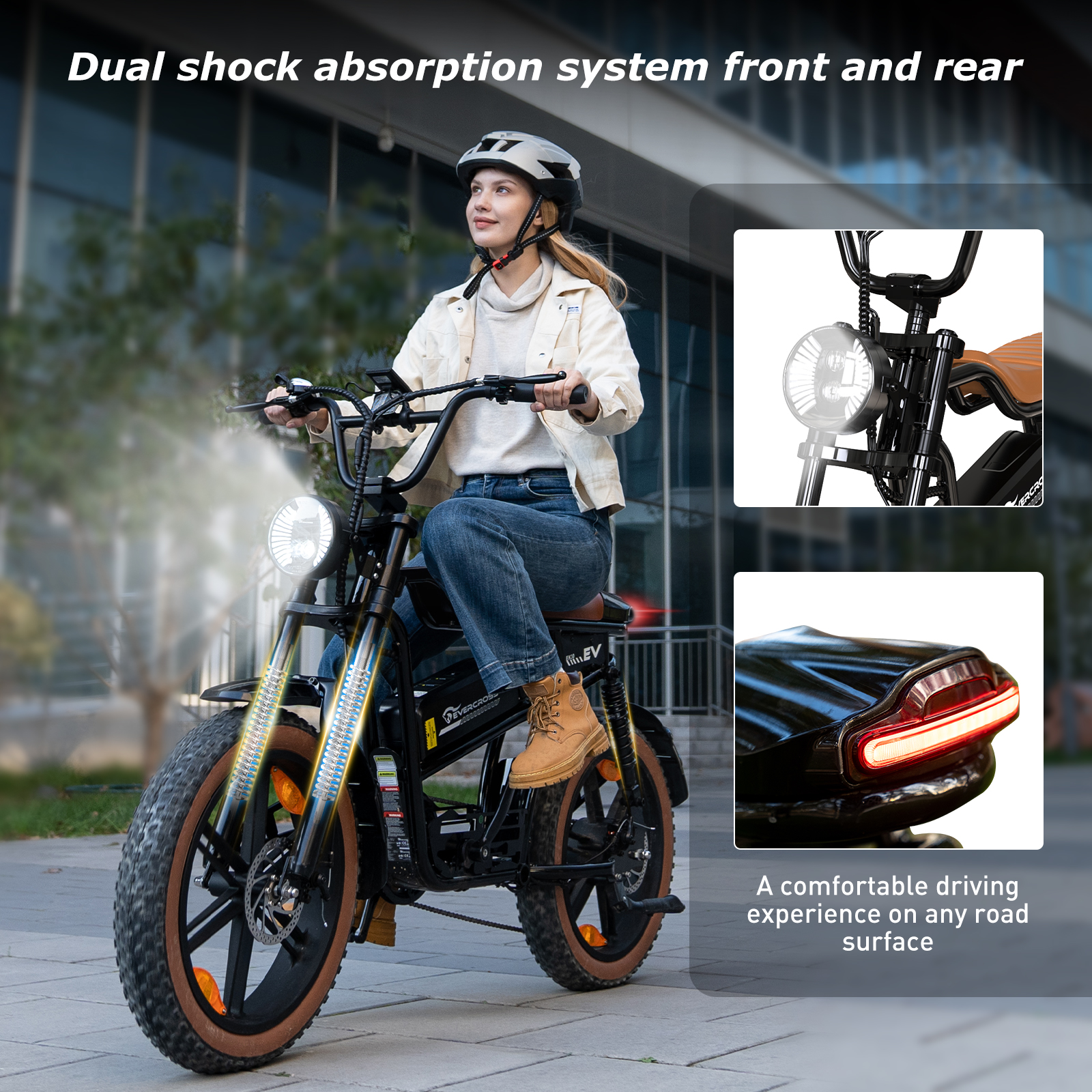 Kobieta jadąca czarnym rowerem elektrycznym, ze zdjęciami części, na drodze.