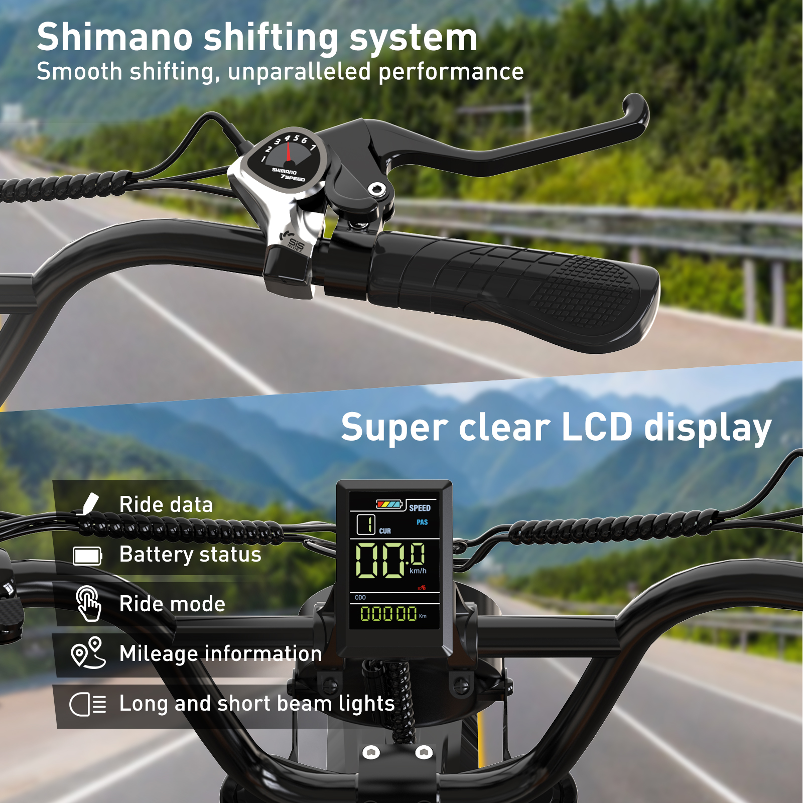 Kierownica roweru z wyświetlaczem. Zmiana biegów Shimano. Dane jazdy, bateria, tryb i przebieg.