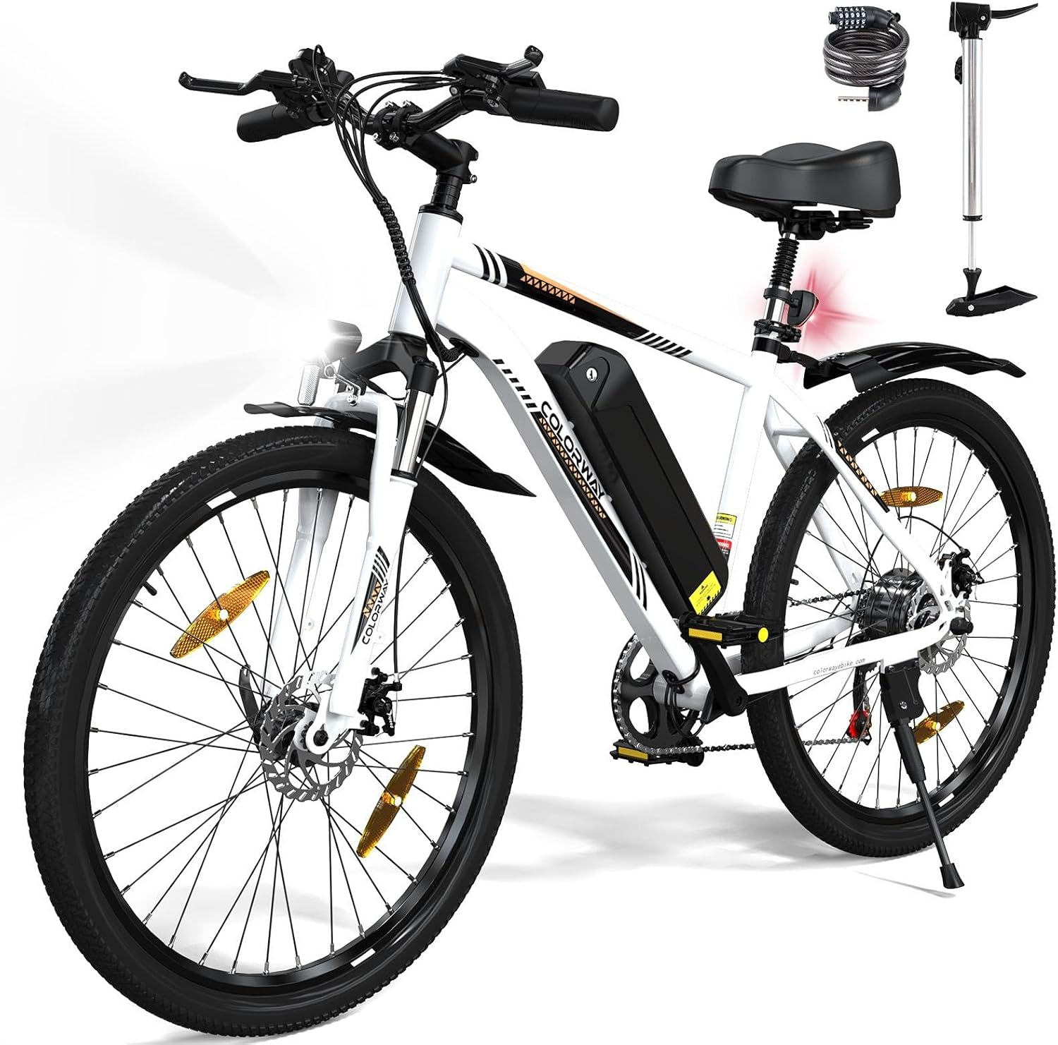 Bicicleta eléctrica blanca con neumáticos negros. Tiene batería, faro y accesorios como un candado.