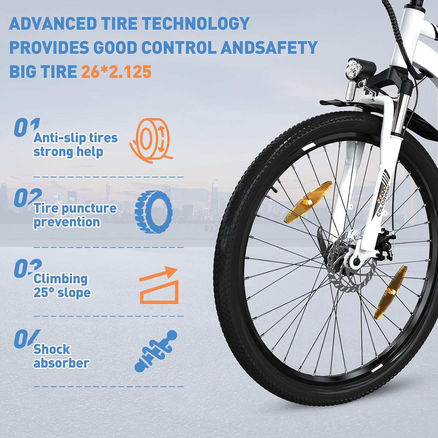 Una bicicleta eléctrica con texto que describe la tecnología de neumáticos y la seguridad.