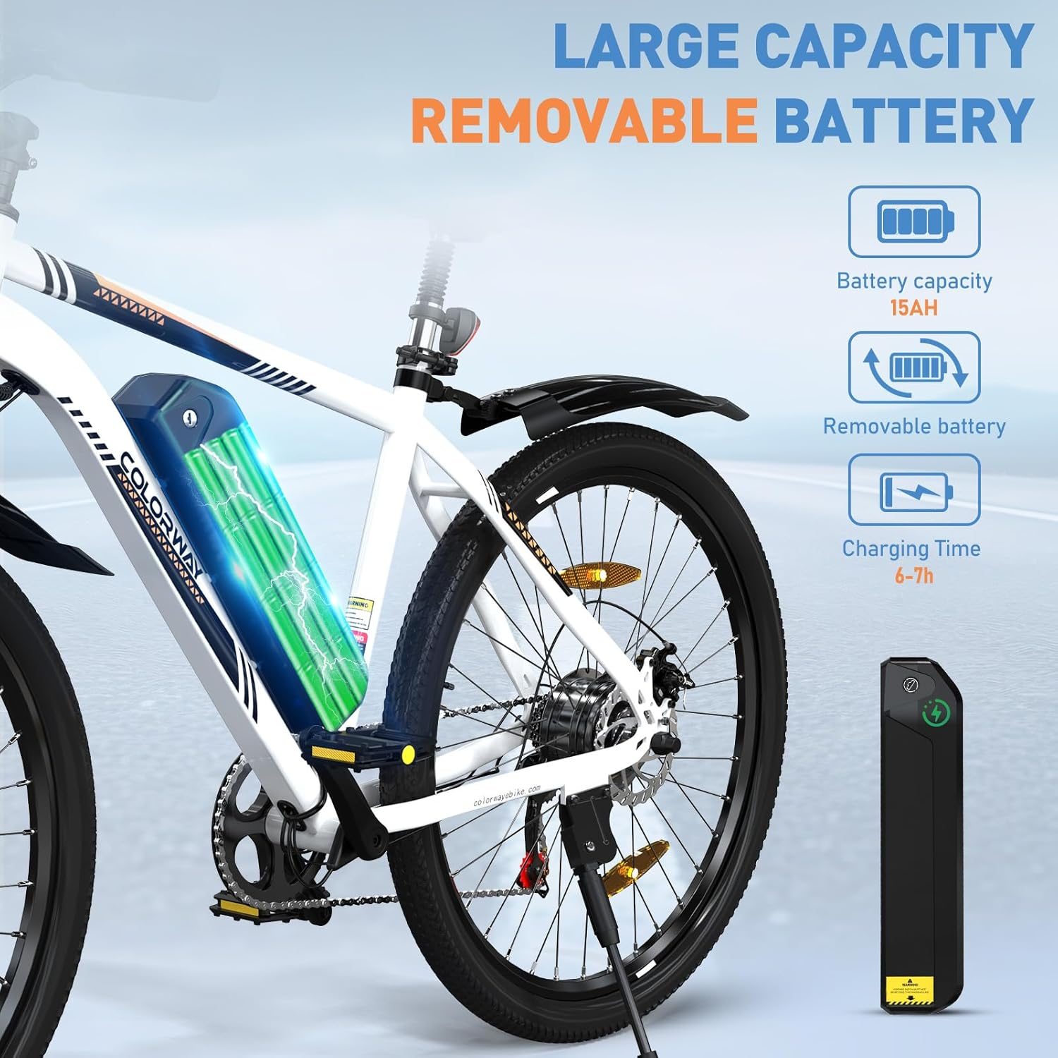 Bicicleta eléctrica con batería extraíble de gran capacidad, gráficos informativos.