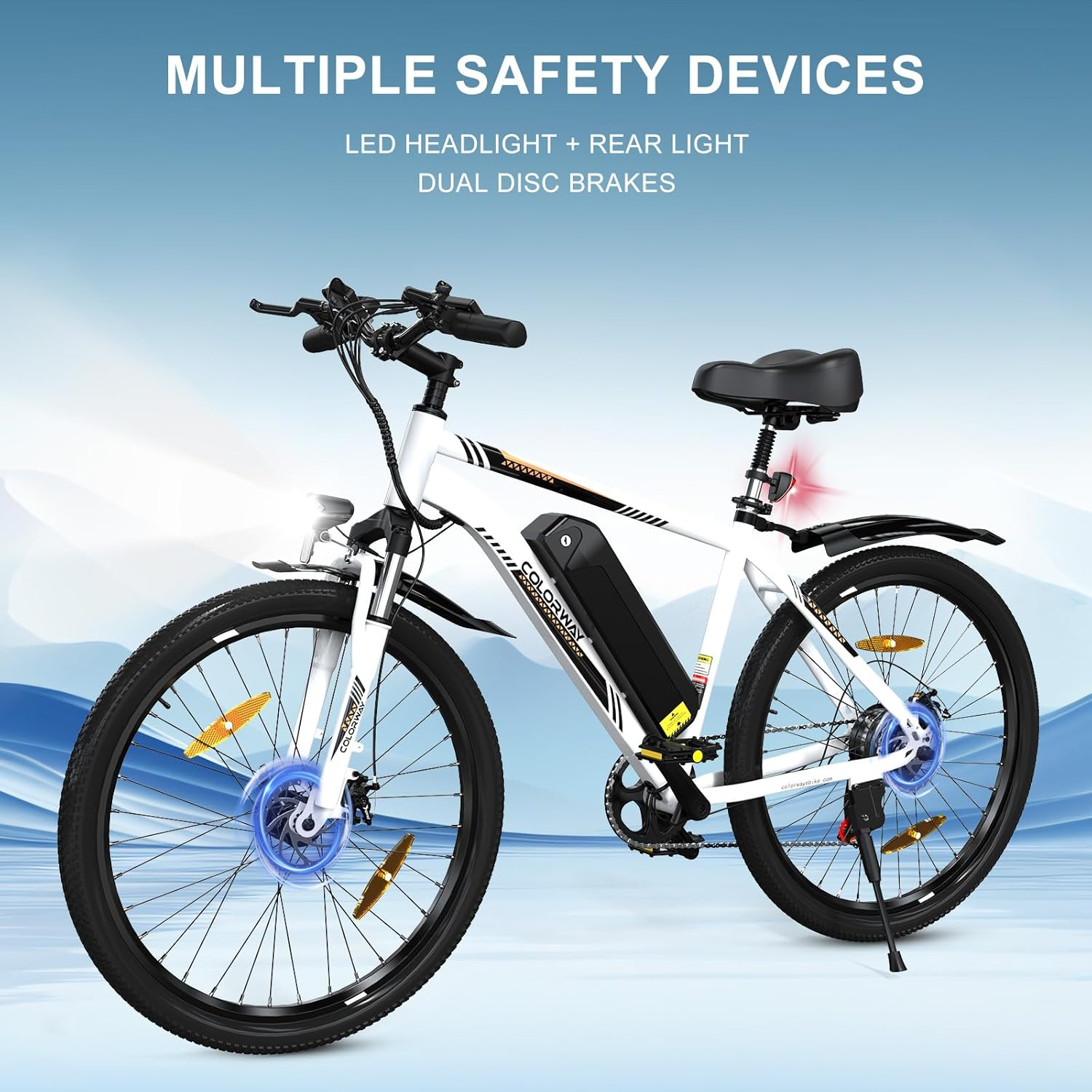 Bicicleta eléctrica blanca y negra. Texto: MÚLTIPLES DISPOSITIVOS DE SEGURIDAD. Fondo azul.