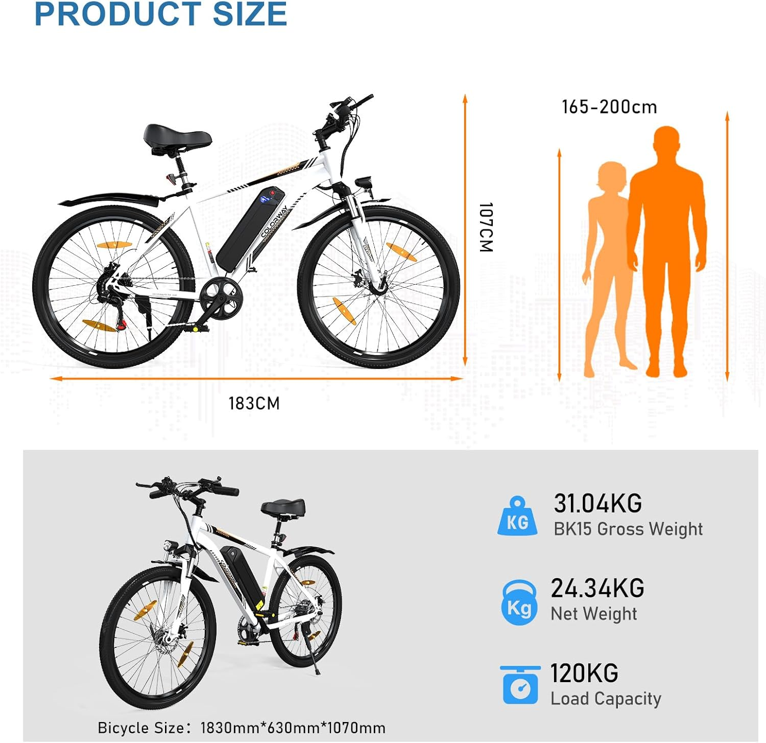 Bicicleta eléctrica blanca con neumáticos negros, que muestra detalles de tamaño y peso. Figura humana para comparación.