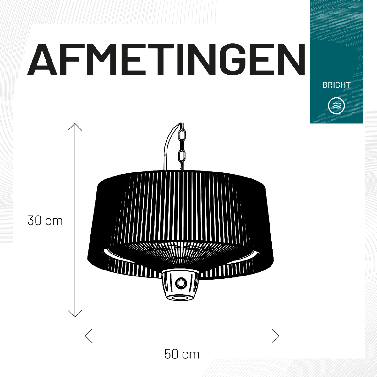 Zwart-wit diagram van een ronde hanglamp, met afmetingen in cm.
