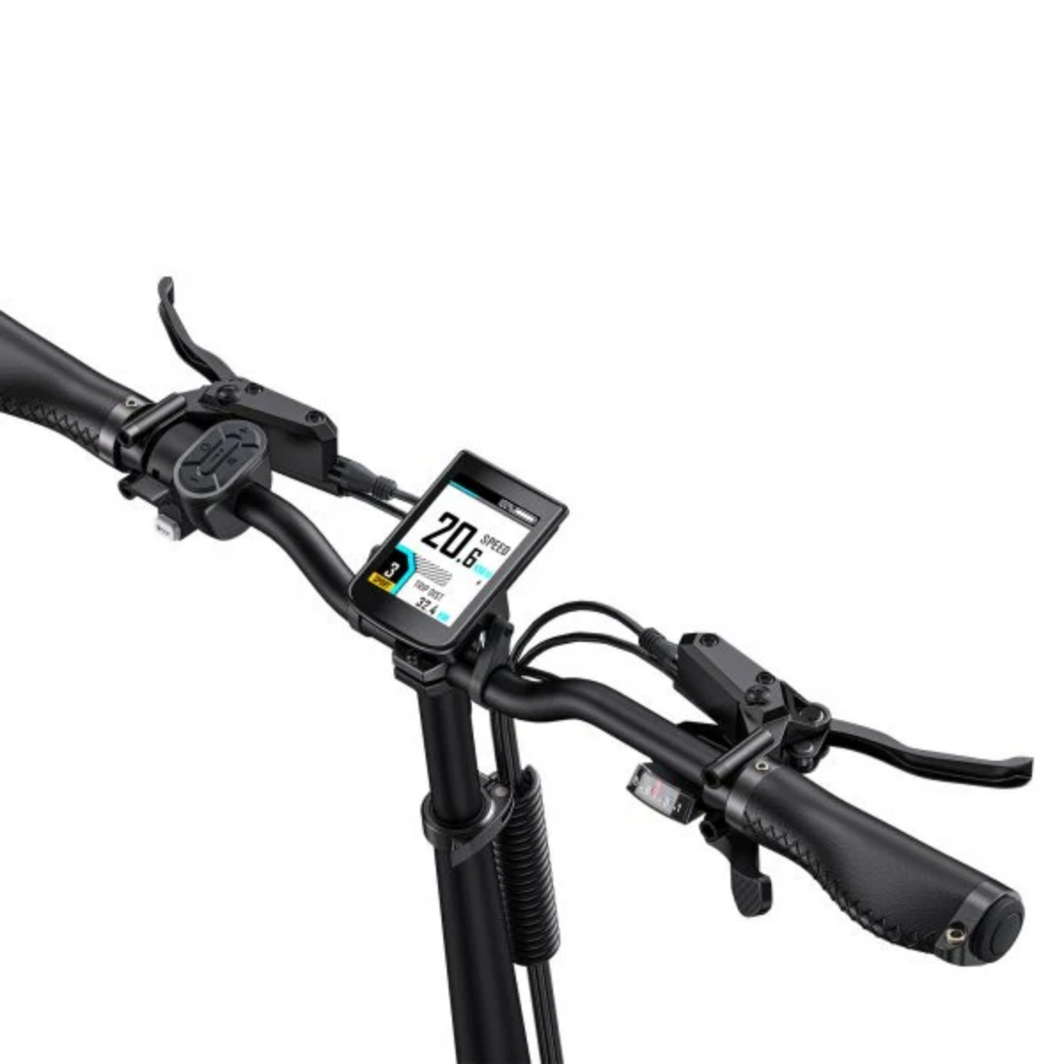 Primo piano del manubrio dello scooter con display che mostra velocità e altri dettagli. Lo sfondo è bianco.