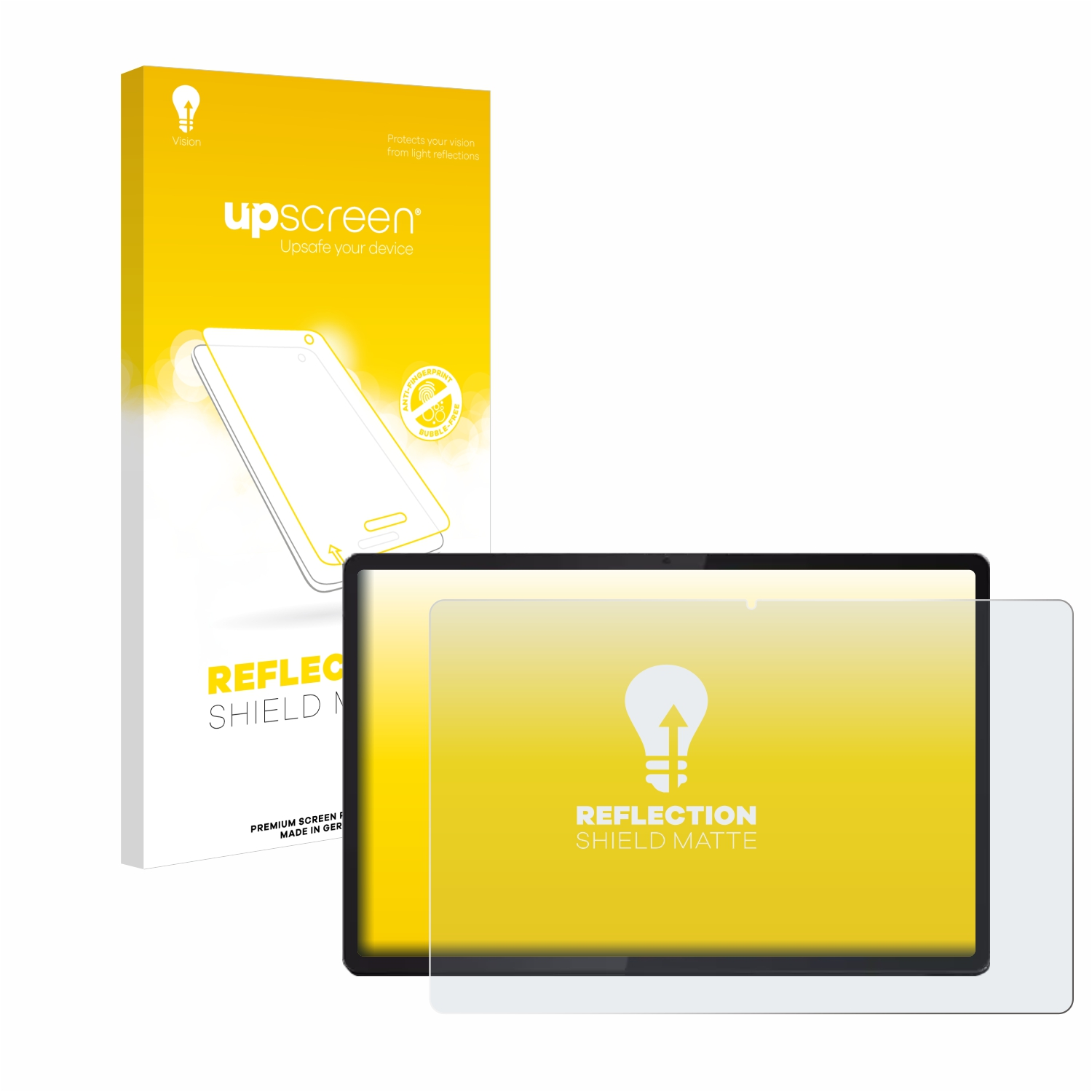 Tablet mit Displayschutzfolie und Verpackung, weißes und gelbes Thema.