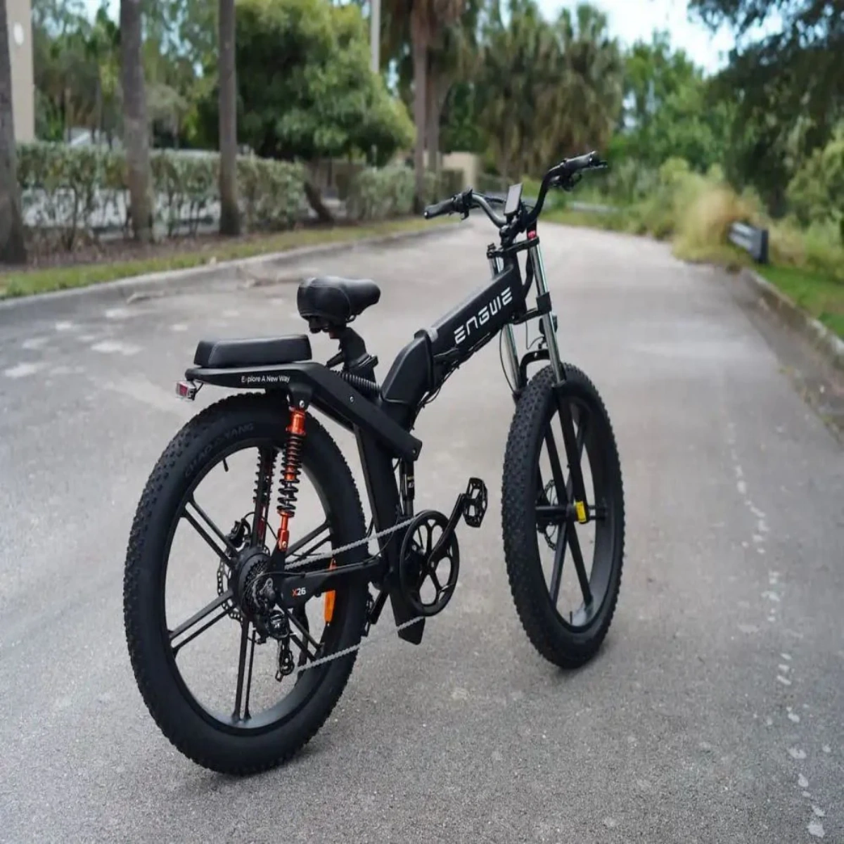 Bicicletta elettrica nera su strada, con persona. Alberi ed edifici sullo sfondo.