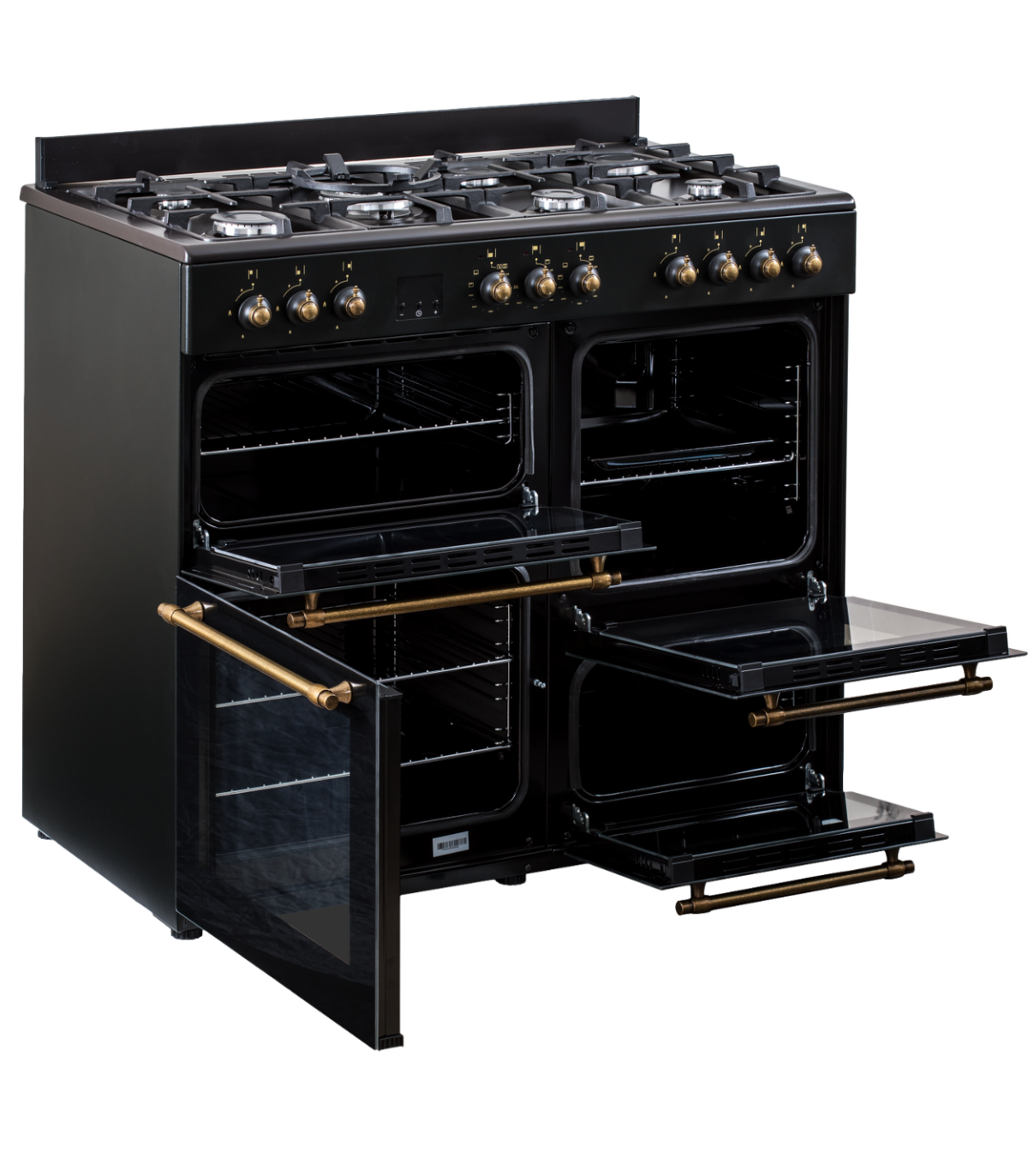 Horno negro con puertas abiertas. Luces y bandejas interiores visibles. Detalles dorados.