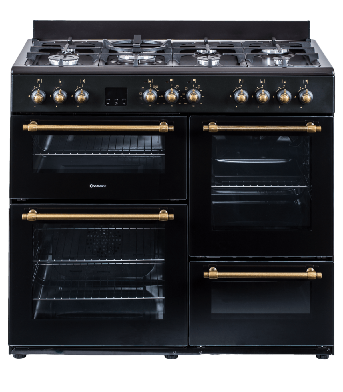 Horno negro con asas y perillas doradas, múltiples quemadores y hornos.