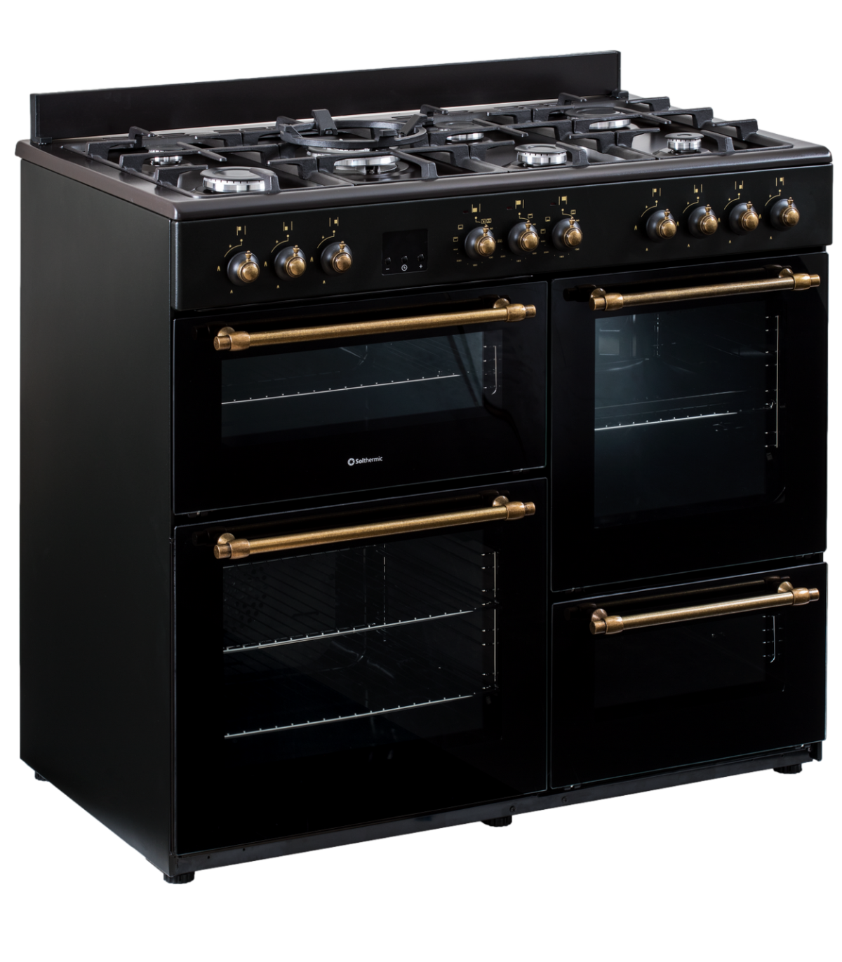 Una estufa de cocina negra con seis quemadores y dos hornos con puertas de vidrio. Se ven manijas y perillas doradas.