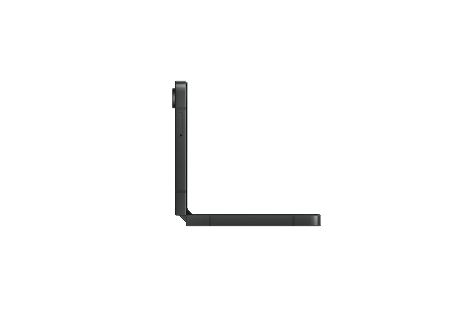Teléfono negro plegado. La vista lateral muestra una cámara y un diseño delgado, con la parte superior doblada.