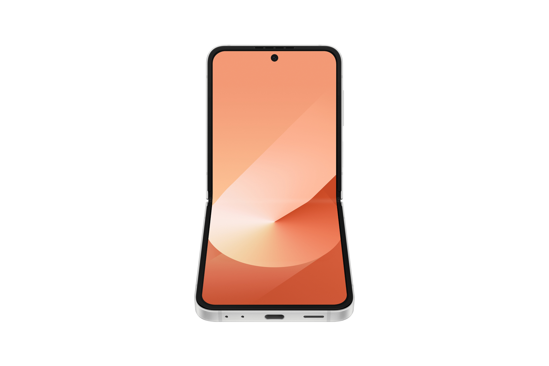 Ein silbernes, zusammenklappbares Telefon geöffnet. Der innere Bildschirm ist orange und weiß.