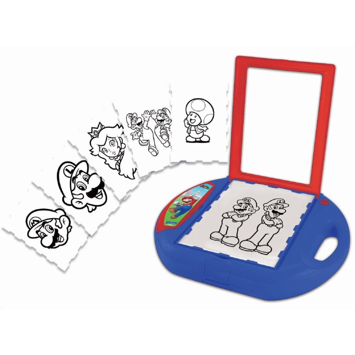 Blau-rotes Zeichenspielzeug mit Mario-Charakteren. Papierschnitte links.