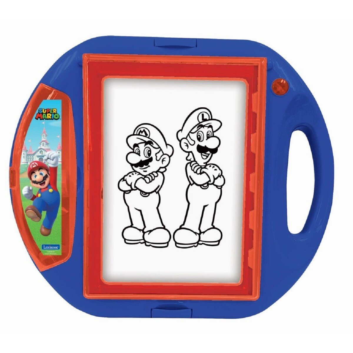 Blaues und rotes Spielzeug zum Zeichnen mit Mario-Figuren auf der Zeichenfläche.