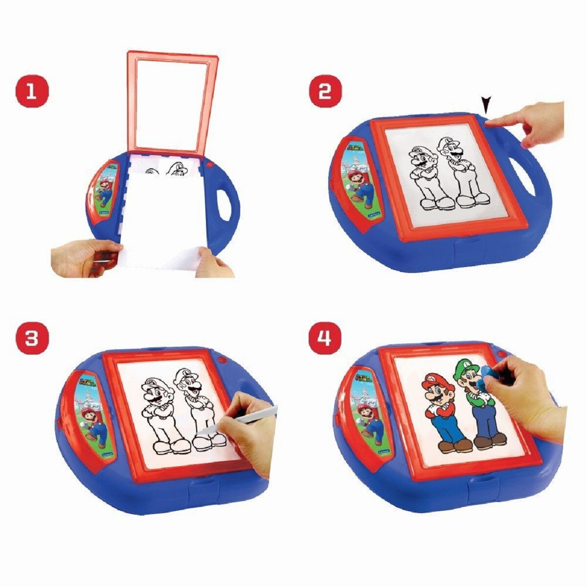 Vierteiliges Bild: Spielzeug-Zeichentafel mit den Super Mario-Charakteren.