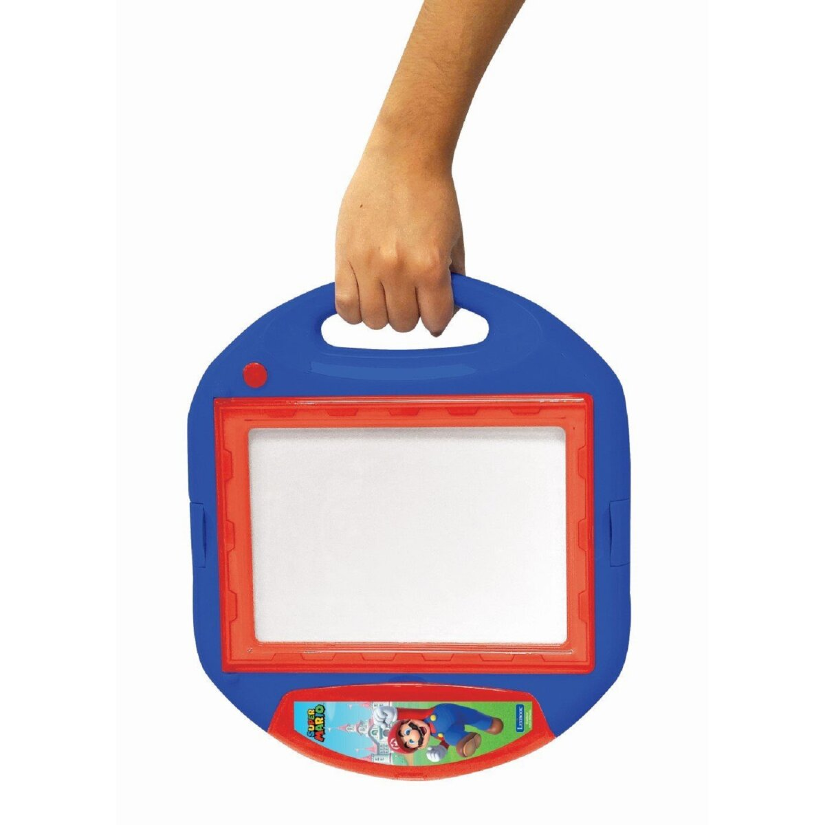 Hand hält ein blau-rotes Zeichentablett mit Mario am unteren Rand.