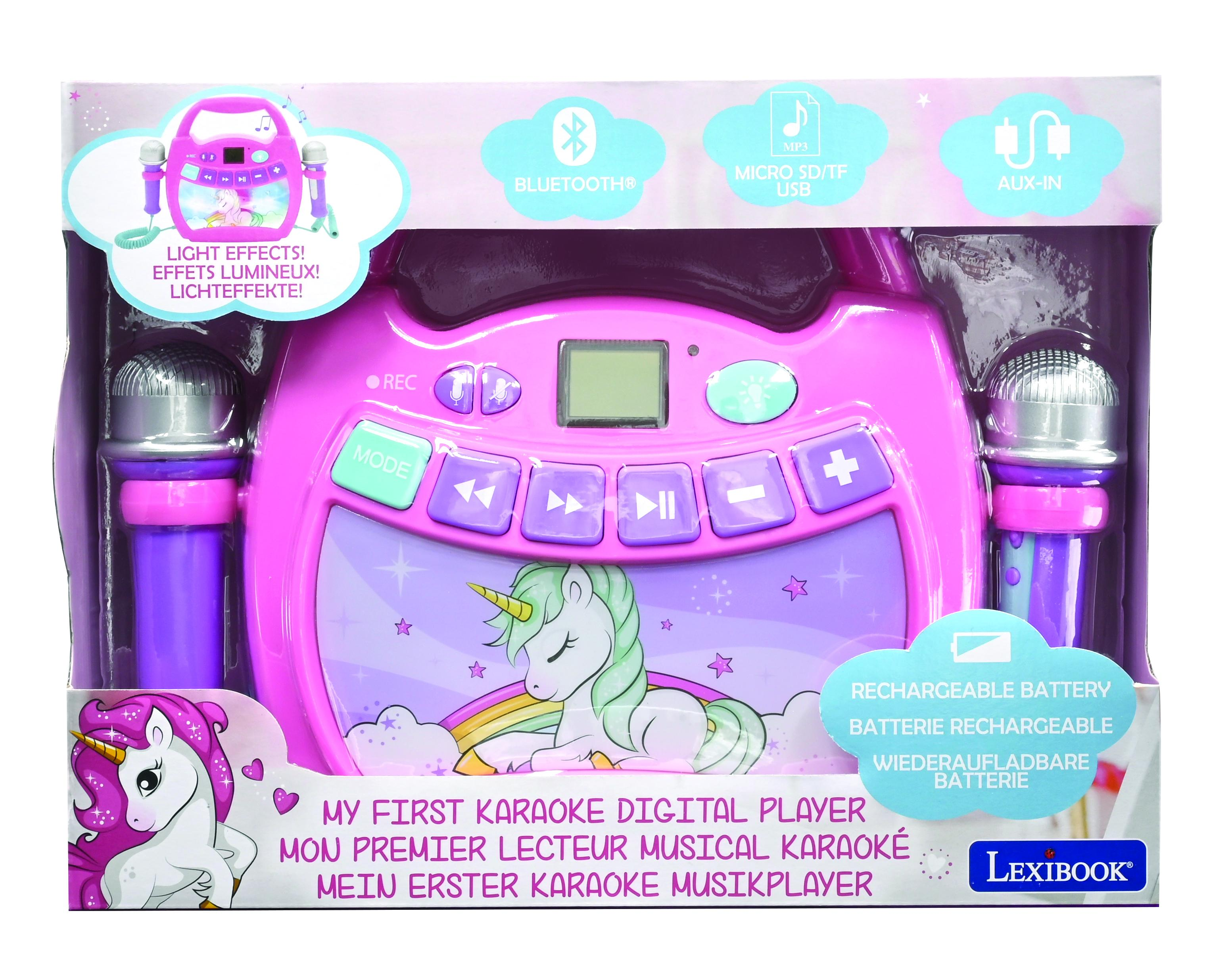 Różowa maszyna do karaoke z mikrofonami i jednorożcem. Posiada przyciski i mały ekran. Zawiera Bluetooth i USB.