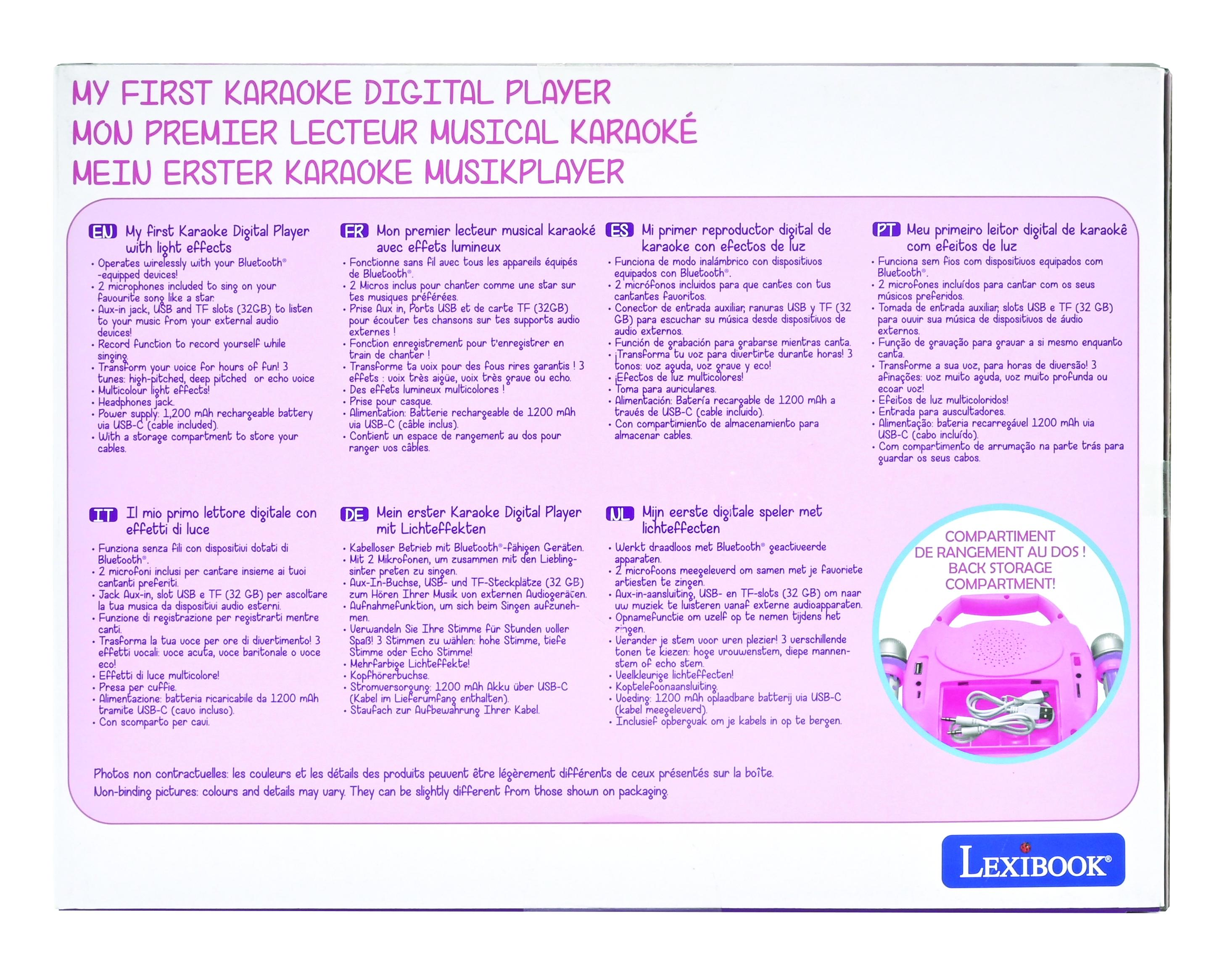 Pudełko z maszyną do karaoke i akcesoriami. Tekst w wielu językach, zawiera mikrofony i kabel USB.