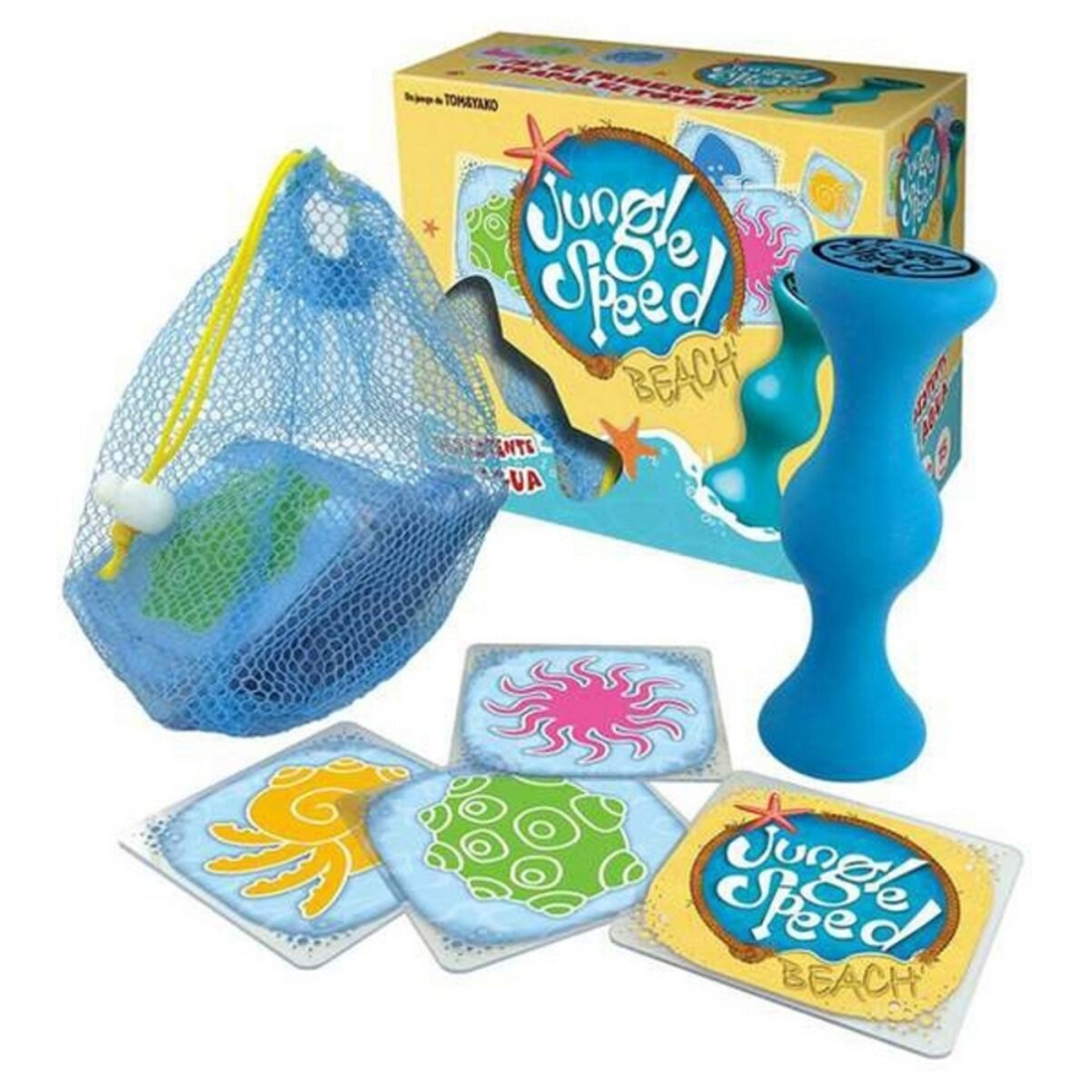Juego Jungle Speed Beach. Tarjetas azules, amarillas y verdes, una torre azul y una bolsa de red con un objeto verde.