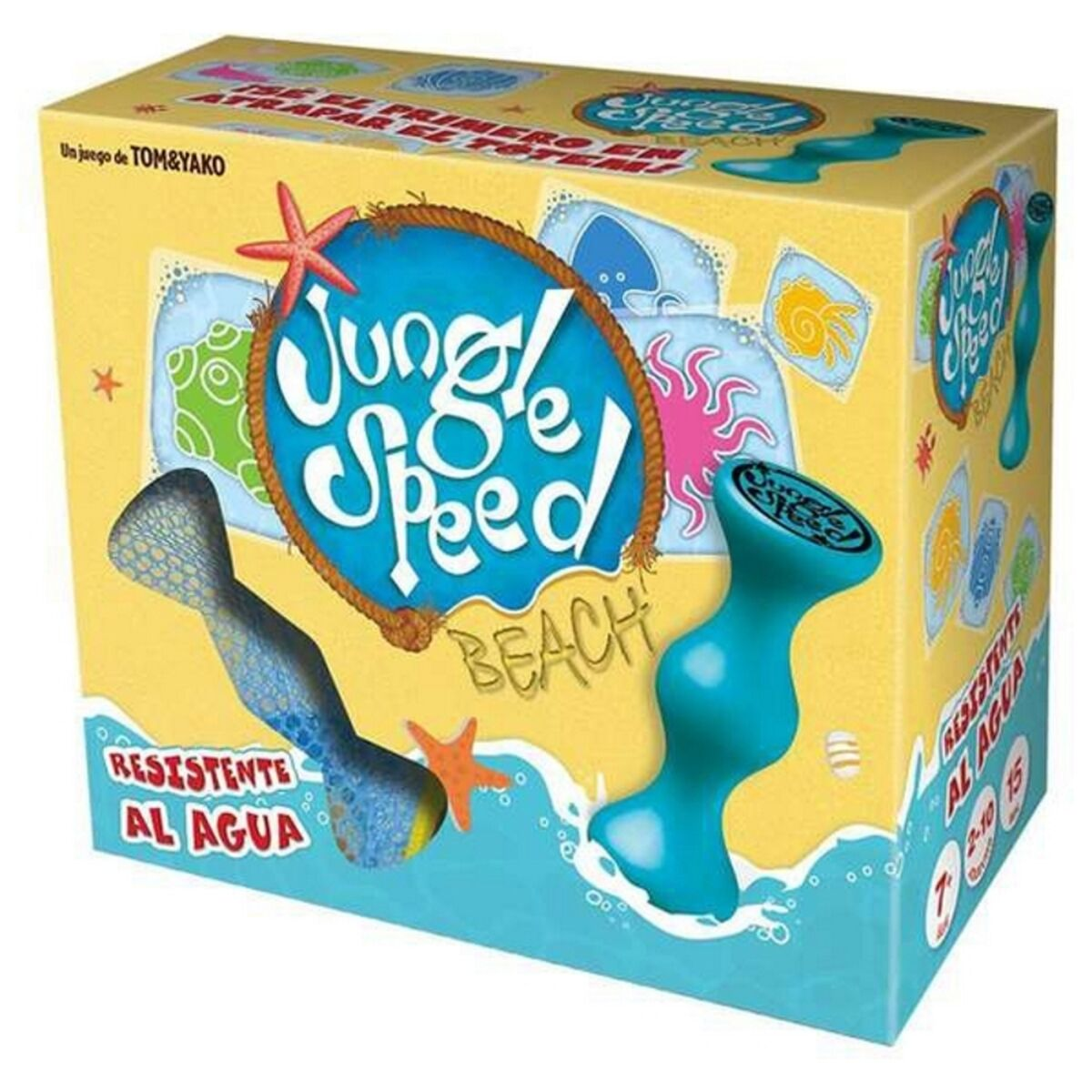 Una caja amarilla del juego Jungle Speed Beach. Tiene ilustraciones y texto promocionando el juego.