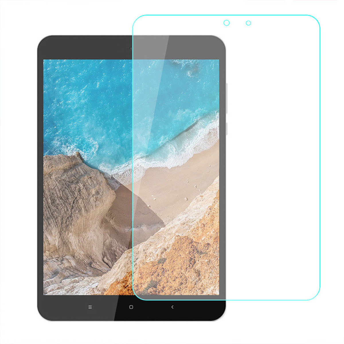Tablet met schermbeschermer. Turkoois rand, scherm toont oceaan en strand.