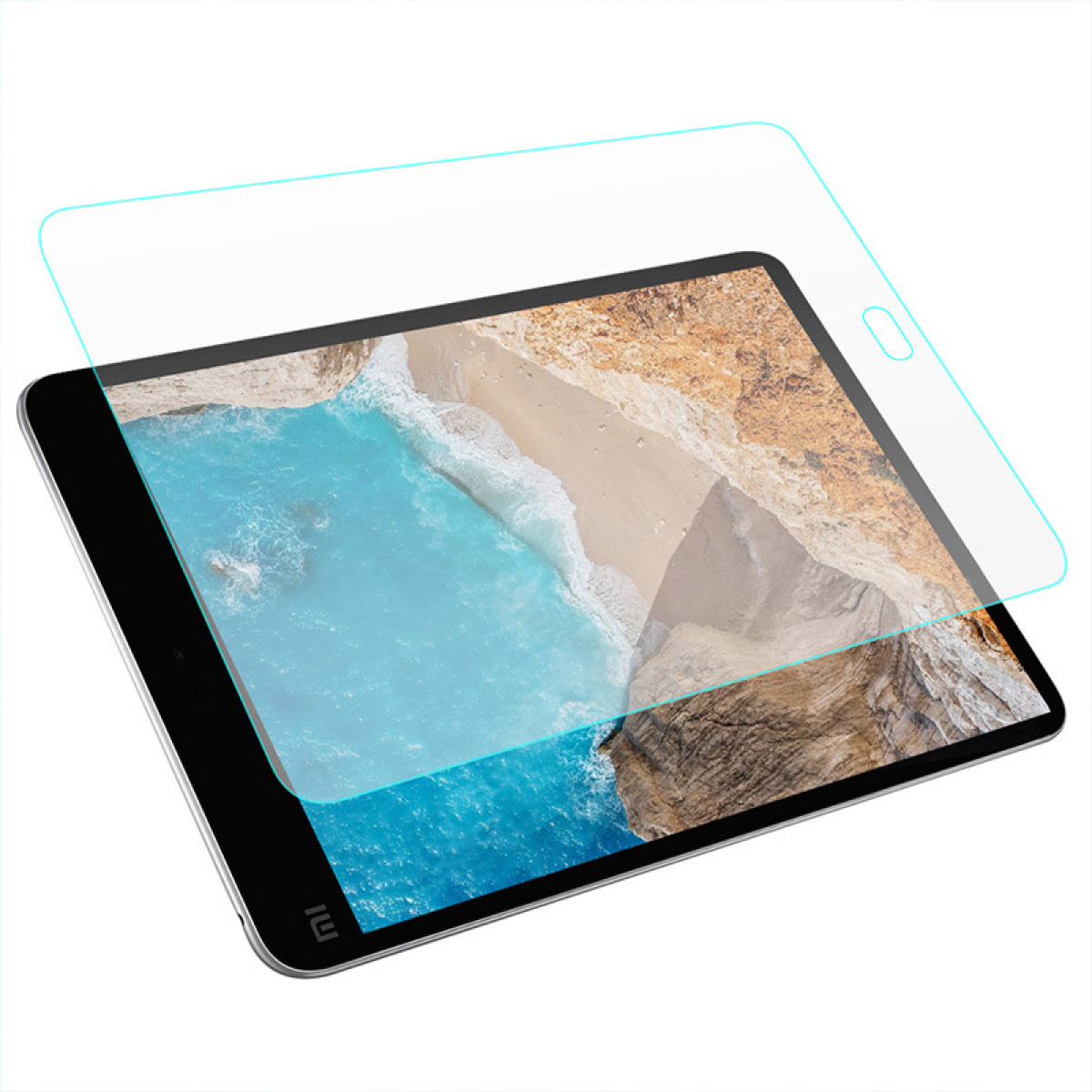 Tablet met schermbeschermer. Scherm toont een strandscène.