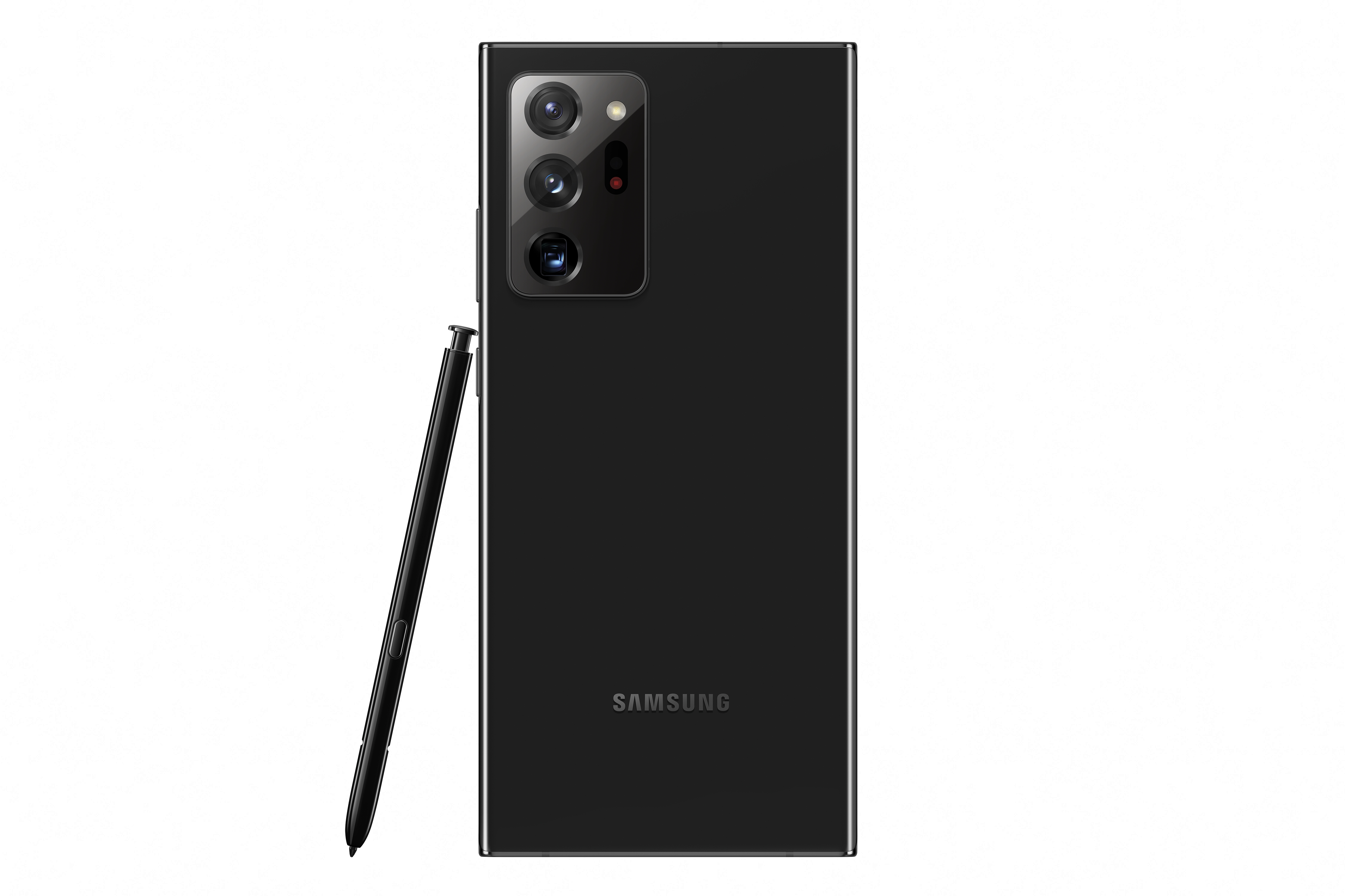 Siyah telefon ve kalem. Üç kamera. Samsung logosu. Beyaz zemin.