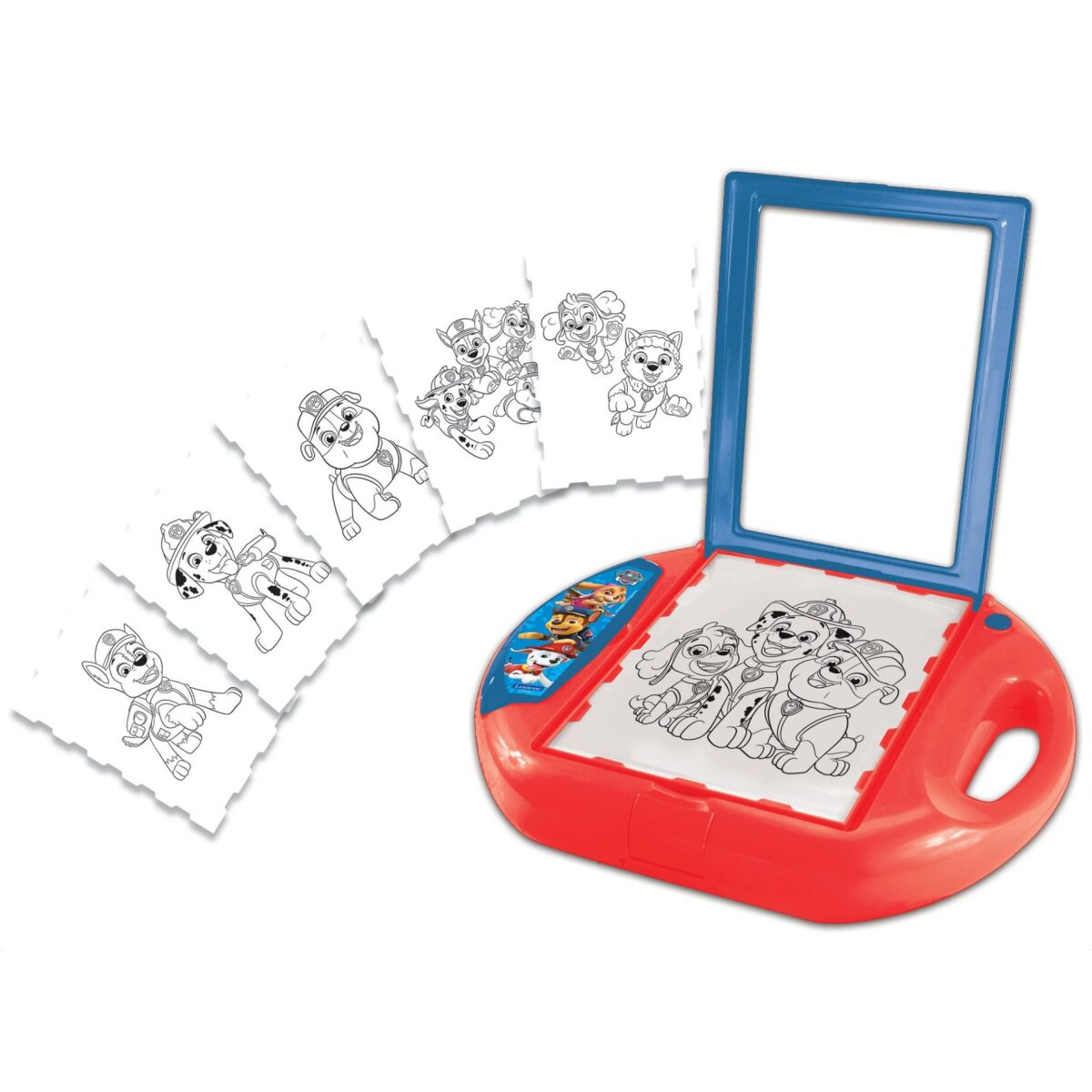 Una pizarra roja de Paw Patrol con hojas de dibujo. Las hojas presentan a los personajes del programa.