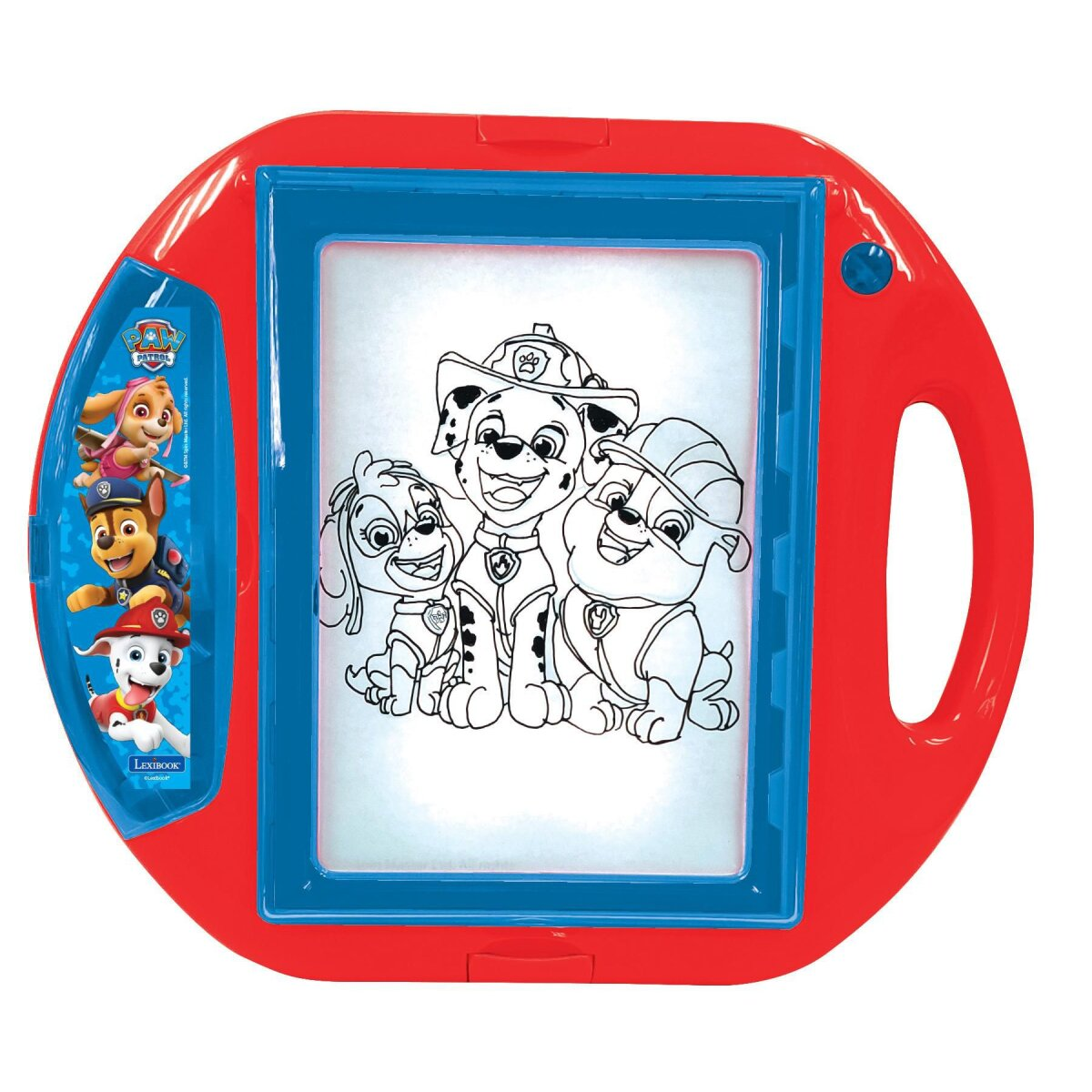 Una tableta de dibujo roja de Paw Patrol con personajes de dibujos animados. Fondo blanco.