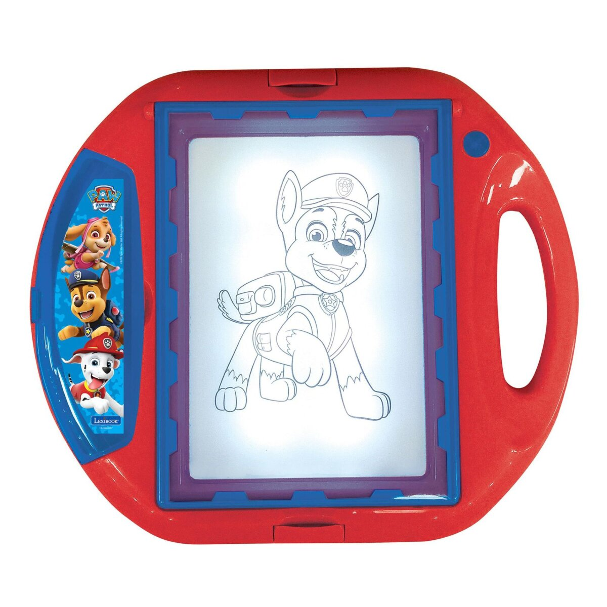 Tablero de dibujo rojo con un diseño de Paw Patrol. Un dibujo animado de Chase está en el centro, iluminado.