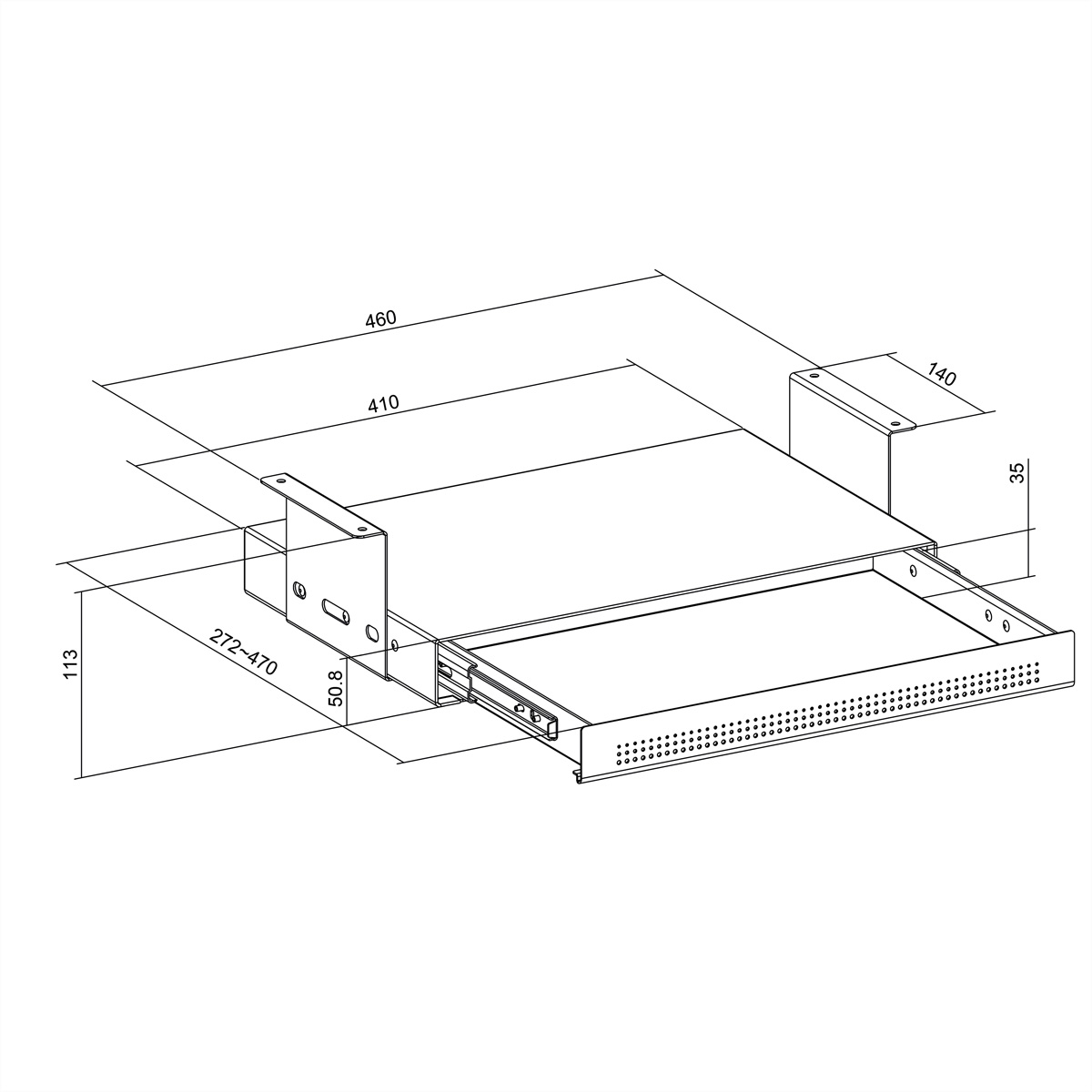 Technische tekening van een ladeglijmechanisme met afmetingen in mm.
