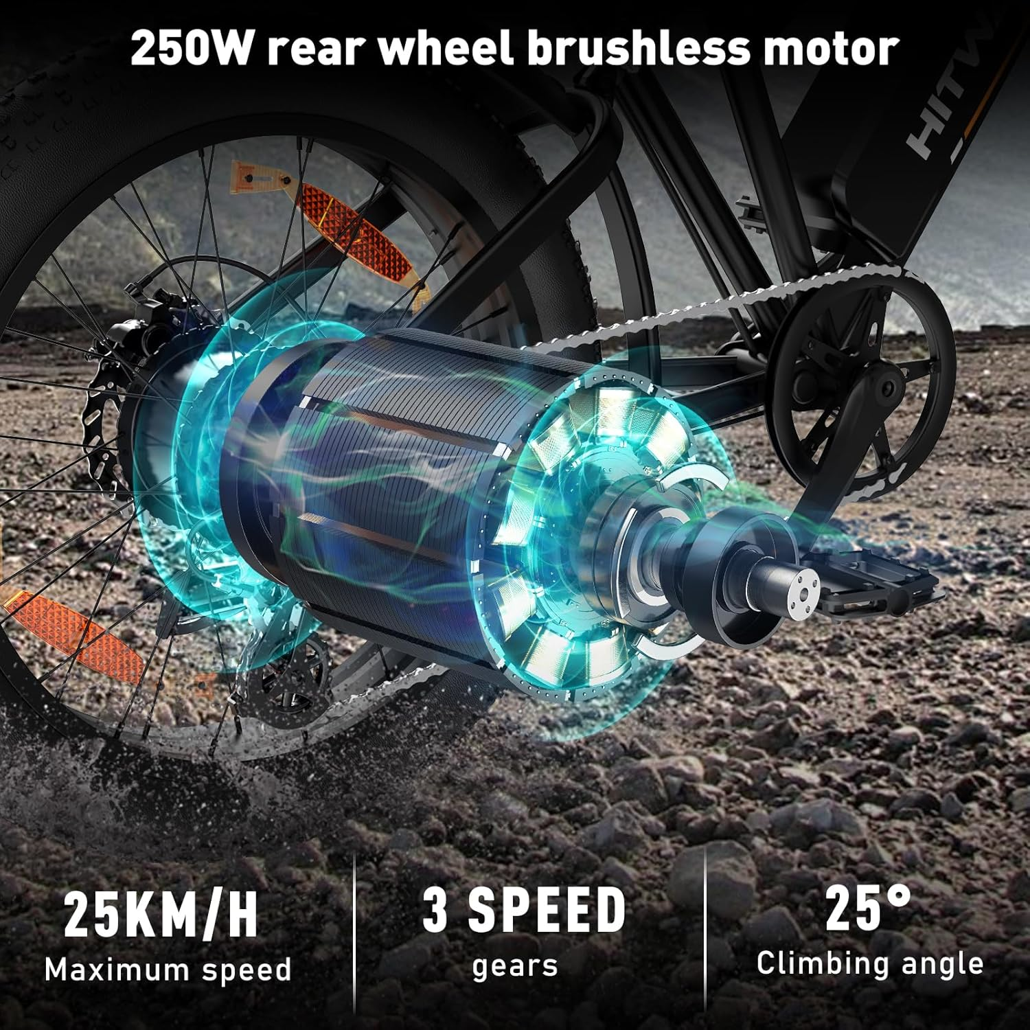 Ein Elektrofahrrad mit Motor. Der Motor wird mit blauem Leuchten hervorgehoben und zeigt 25KM/H, 3 Gänge und 25 Grad Steigungswinkel.