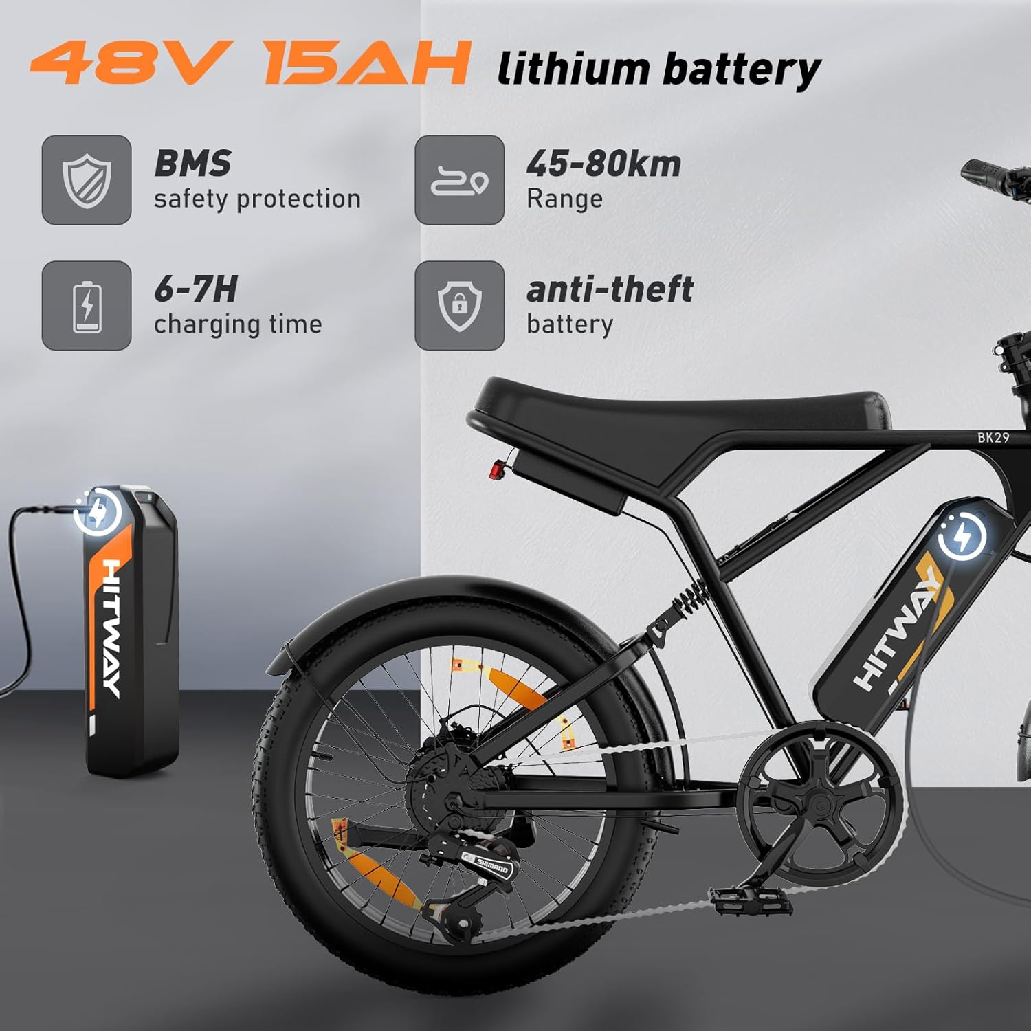 Schwarzes Elektrofahrrad mit Akku und Ladegerät. Text: 48V 15AH Lithium-Batterie, 45-80km Reichweite, Diebstahlsicherung.