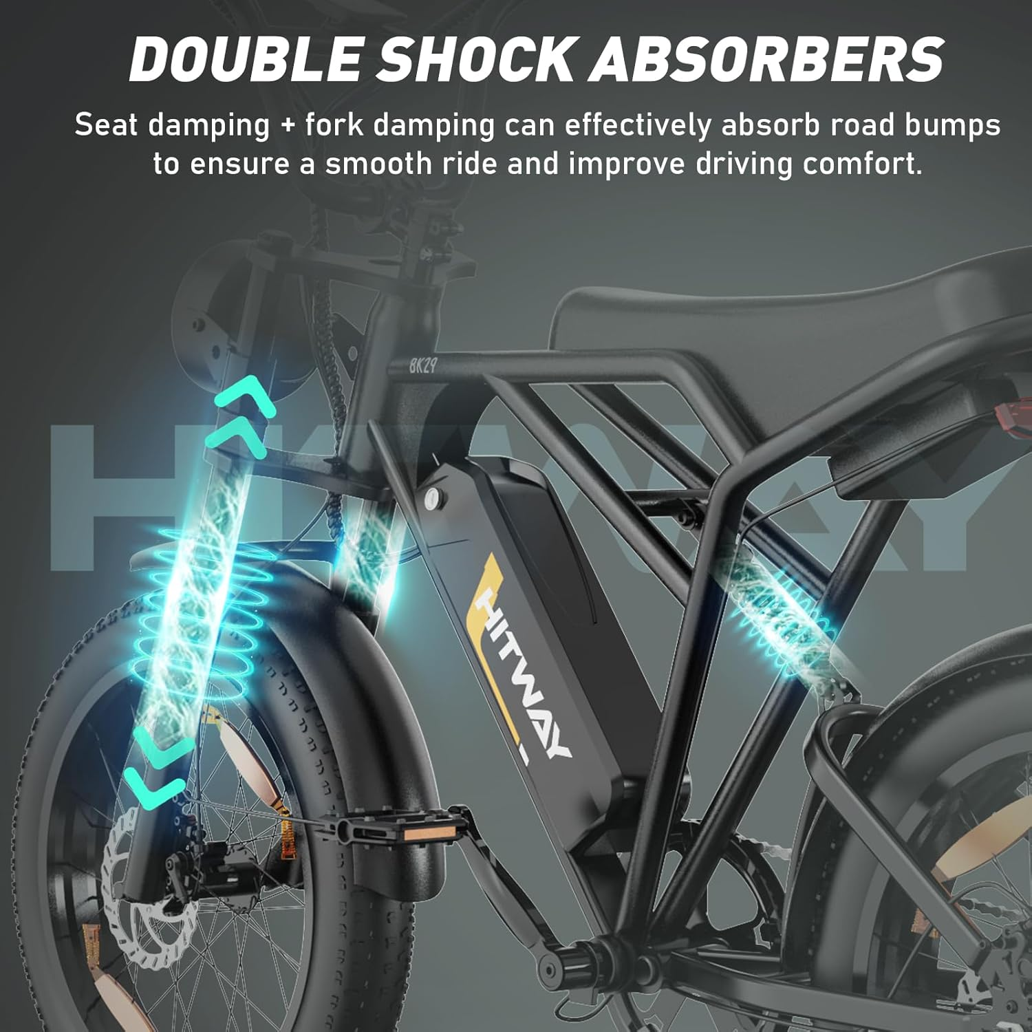Ein Elektrofahrrad mit doppelten Stoßdämpfern, das sein Federungssystem zeigt.