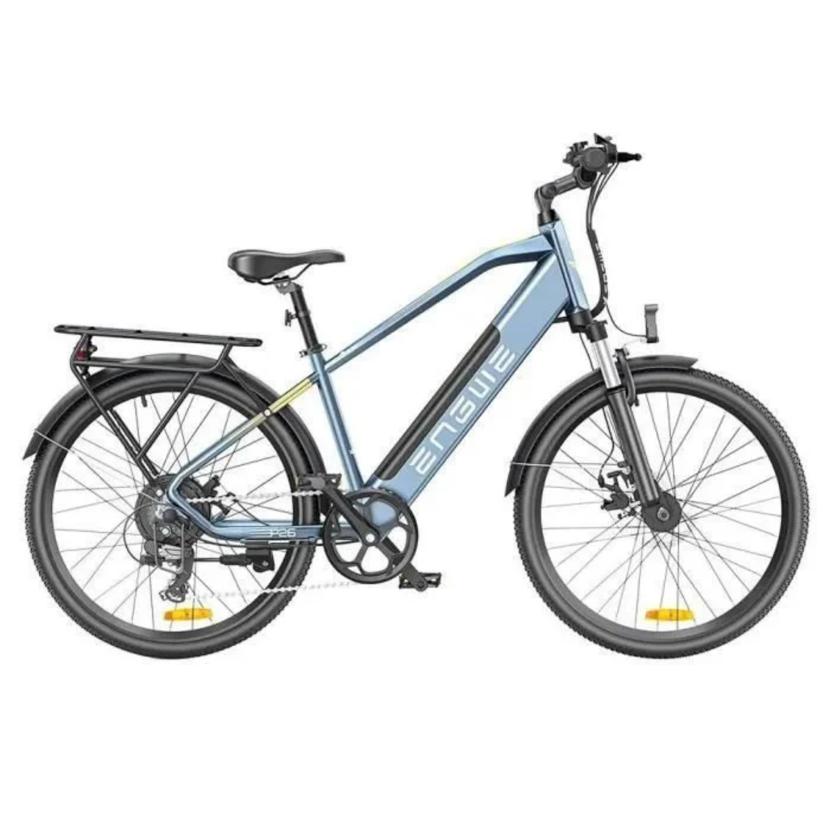 Bicicletta elettrica blu e nera. La bicicletta è su sfondo bianco. Vista laterale.