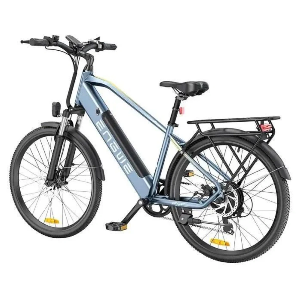 Bici elettrica blu su sfondo bianco. Presenta pneumatici neri, dettagli del telaio e portapacchi.