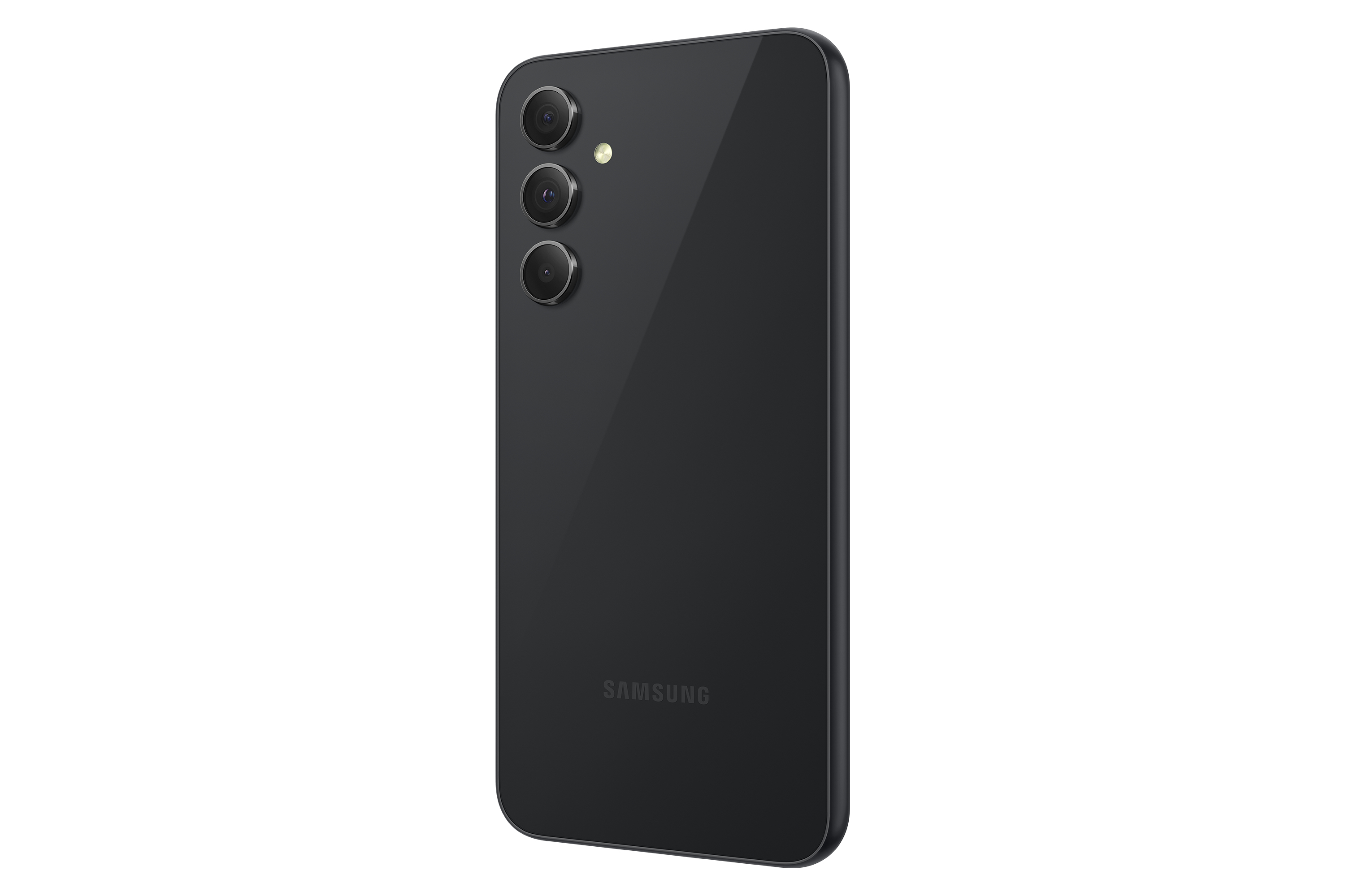 Vista trasera de un smartphone negro con tres cámaras sobre fondo blanco.