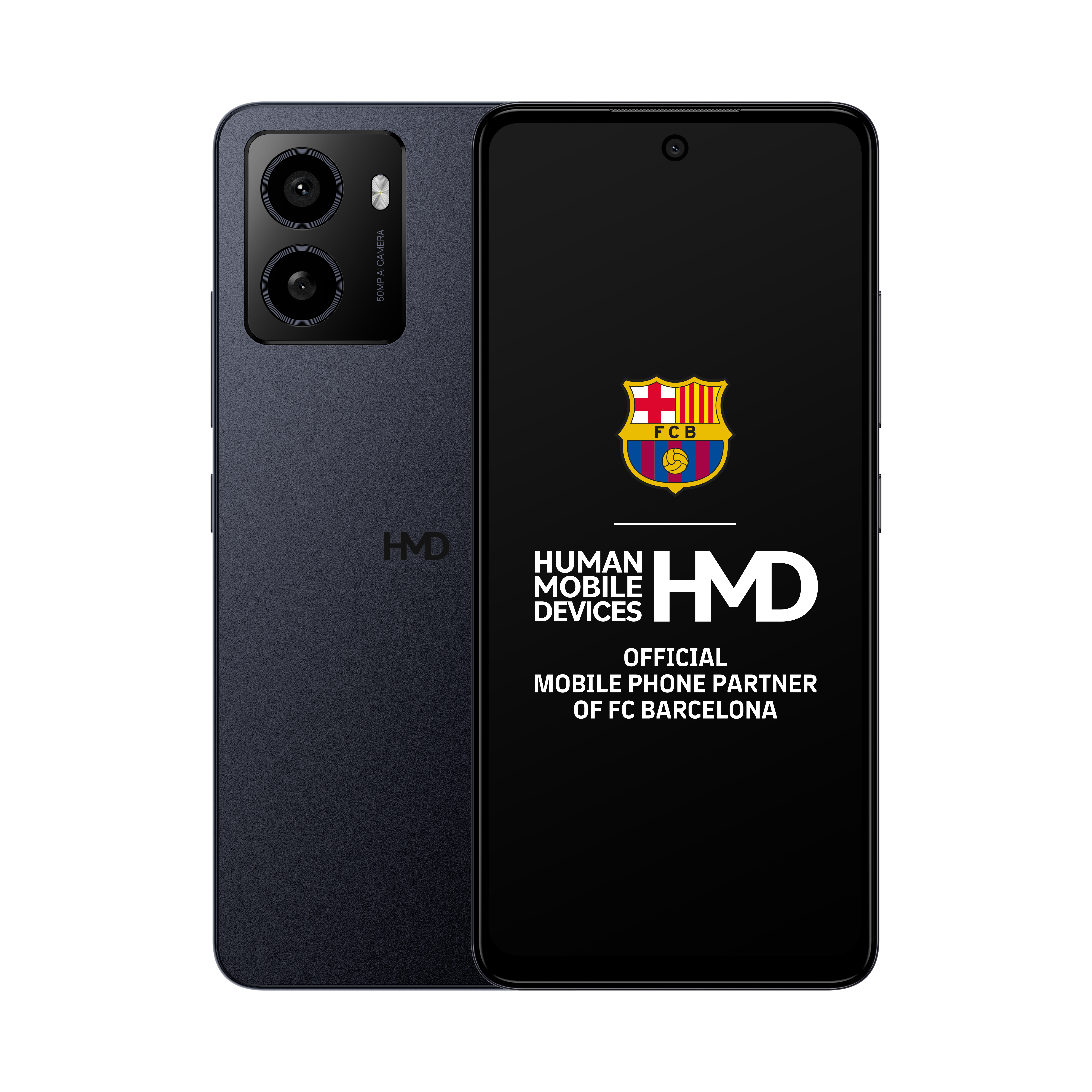 Telefono blu scuro che mostra la parte anteriore e posteriore. Logo FC Barcelona sullo schermo.