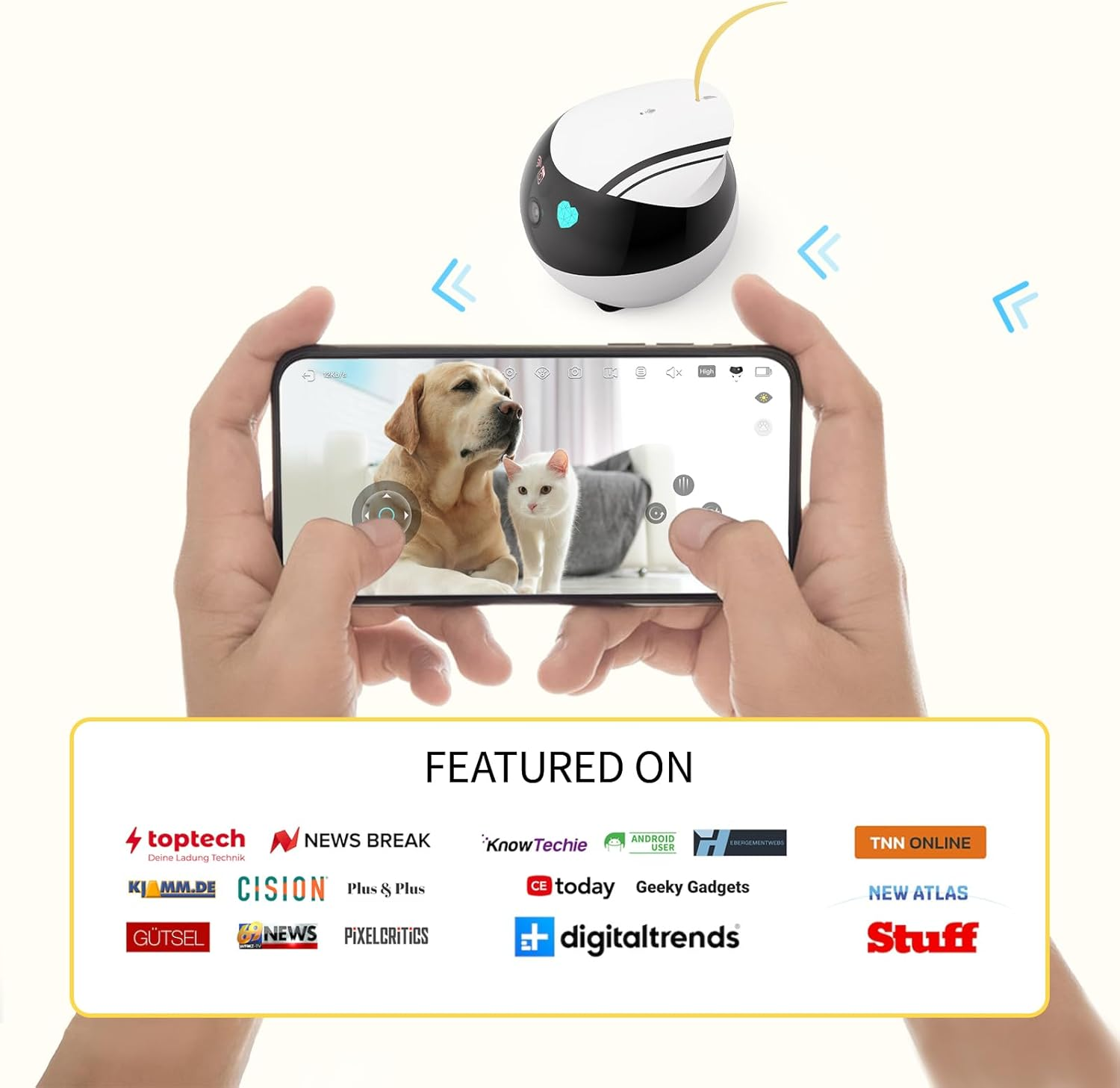 Ein Smartphone mit einem Hund und einer Katze, mit einer Maus und Logos vorgestellter Websites.