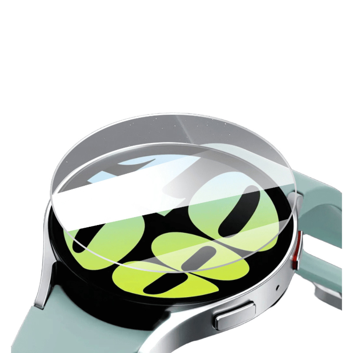 Uhr mit angebrachter Displayschutzfolie. Die Uhr hat ein hellgrünes Armband.