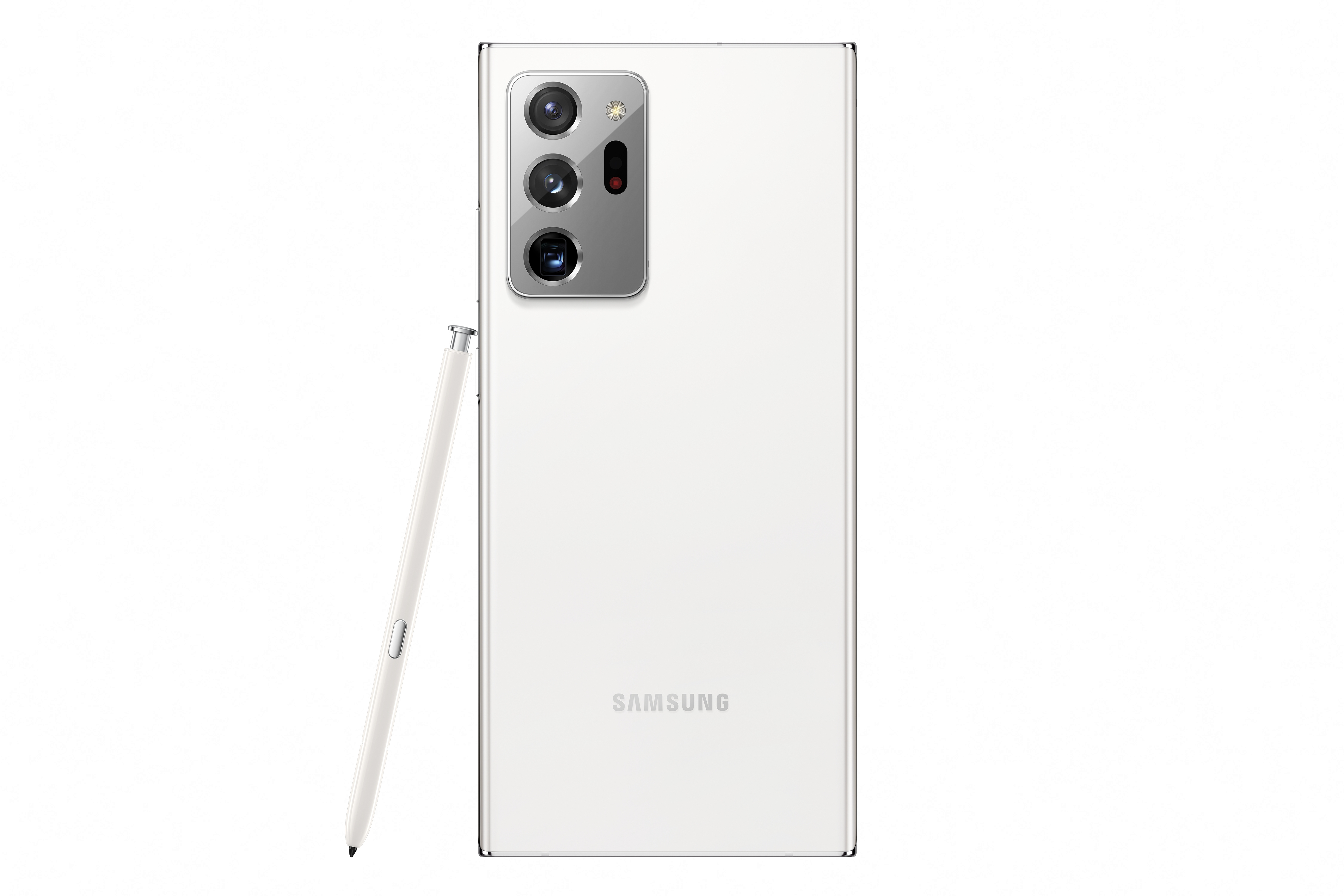 Weiße Samsung-Telefonrückseite, drei Kameras, Stift. Weißer Hintergrund.