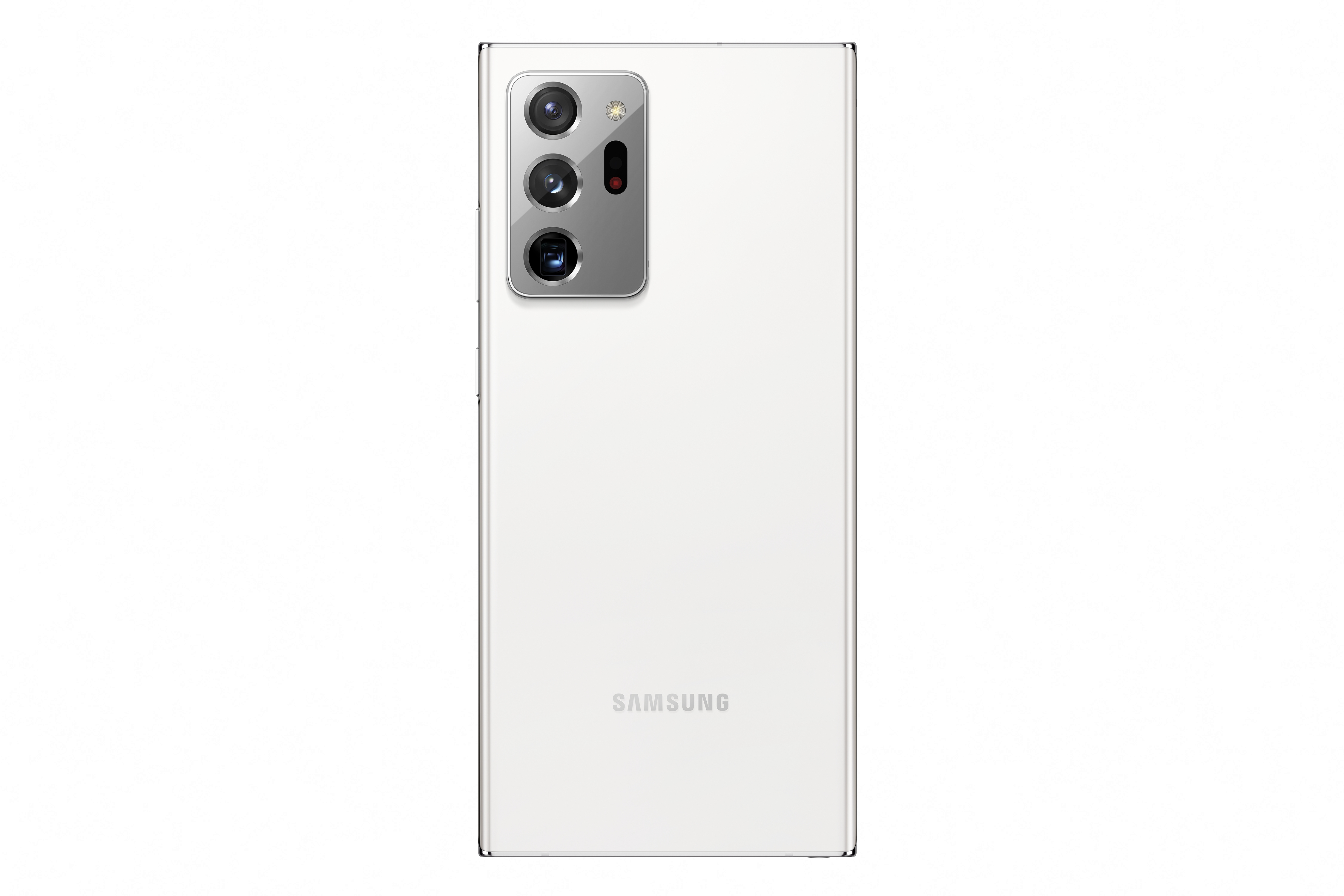 Weißes Telefon, Rückseite, Dreifachkamera. Samsung-Logo. Weißer Hintergrund.